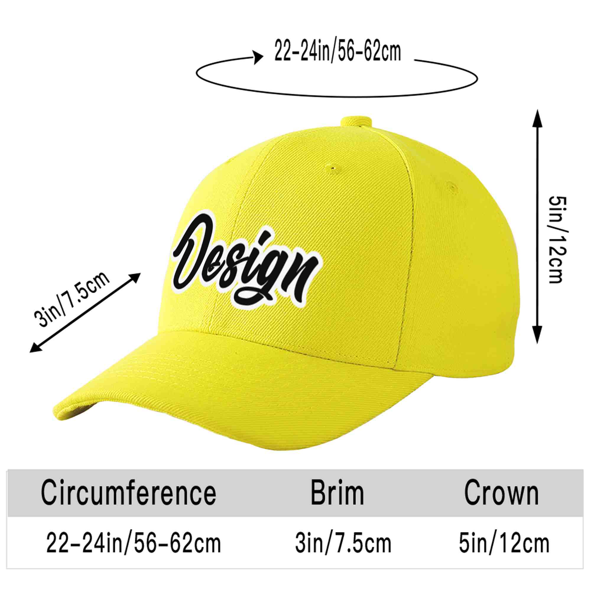 Casquette de baseball incurvée personnalisée jaune noir-blanc avec avant-toit