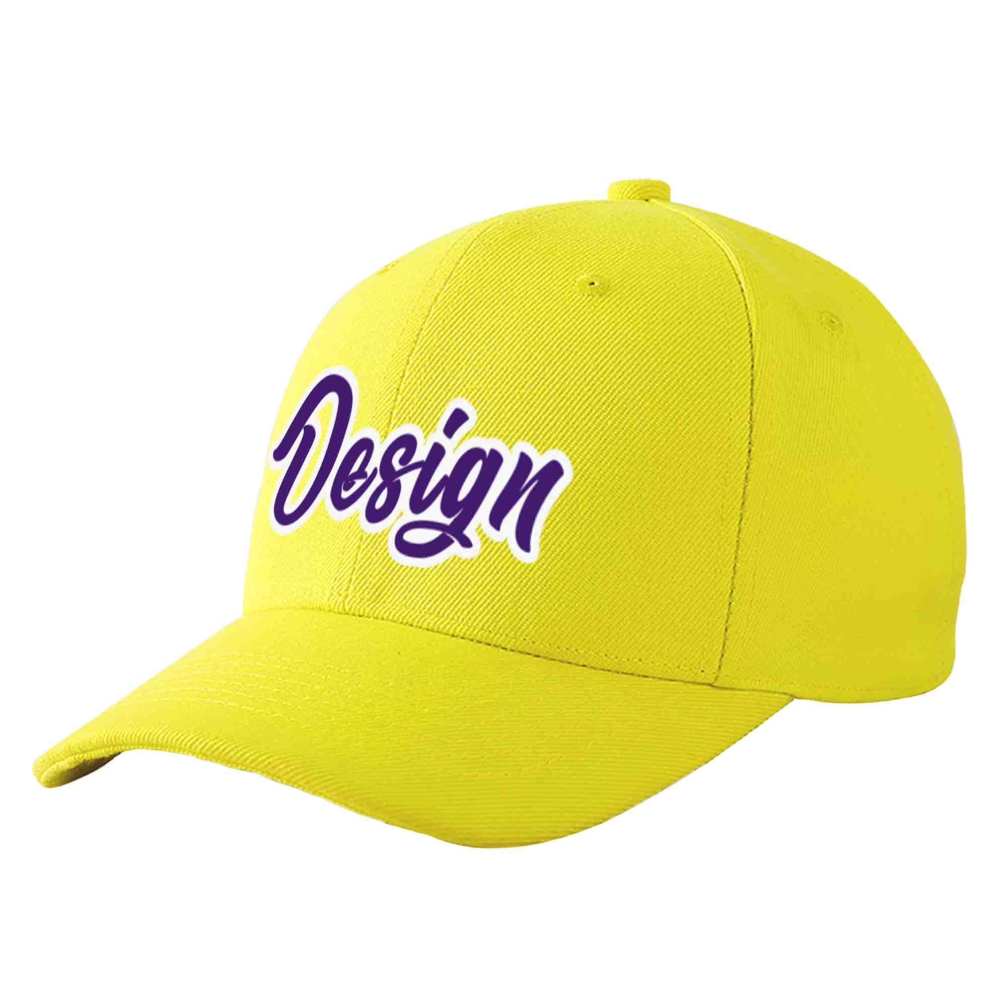 Casquette de baseball incurvée personnalisée jaune violet-blanc avec avant-toit