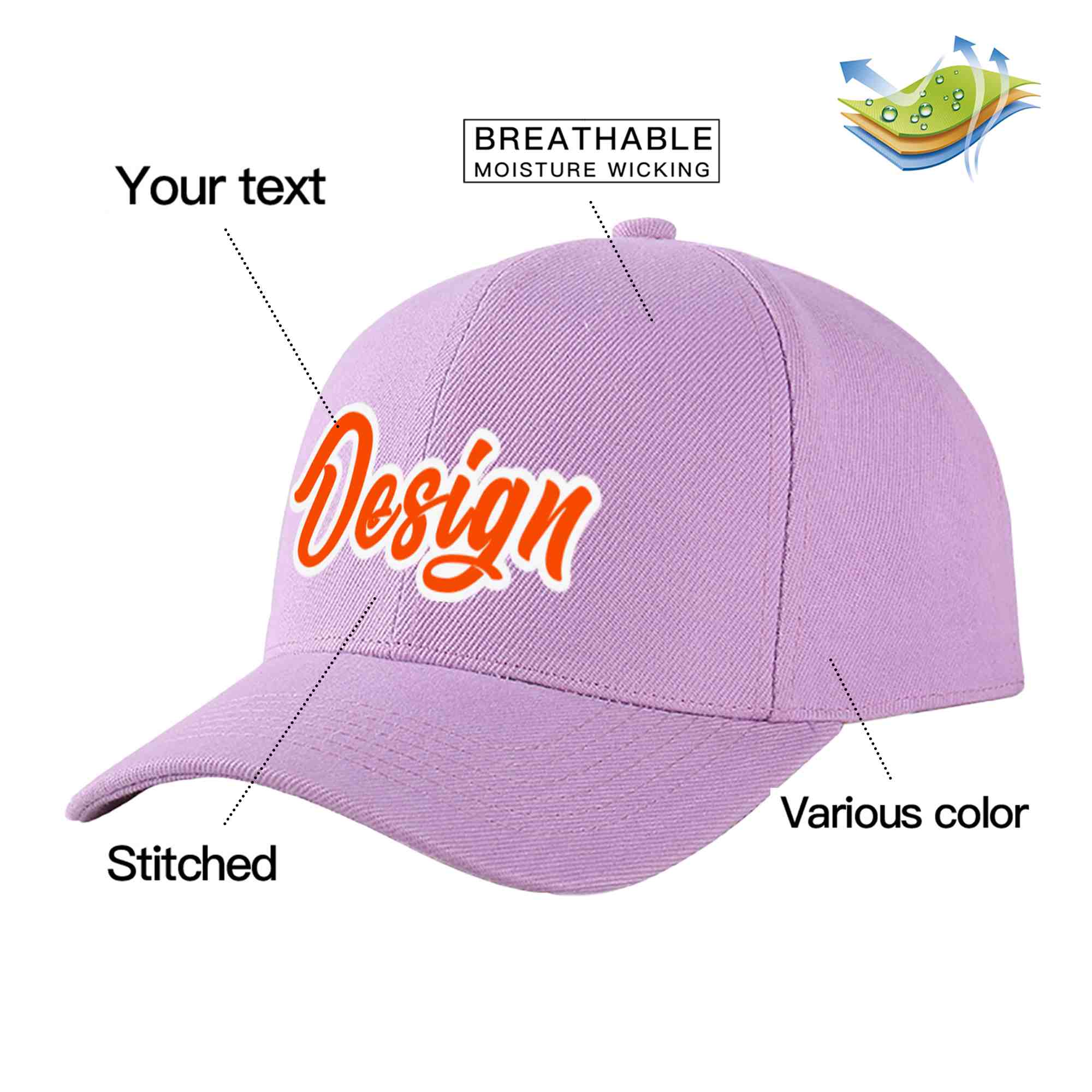 Casquette de baseball incurvée personnalisée violet clair orange-blanc avec avant-toit