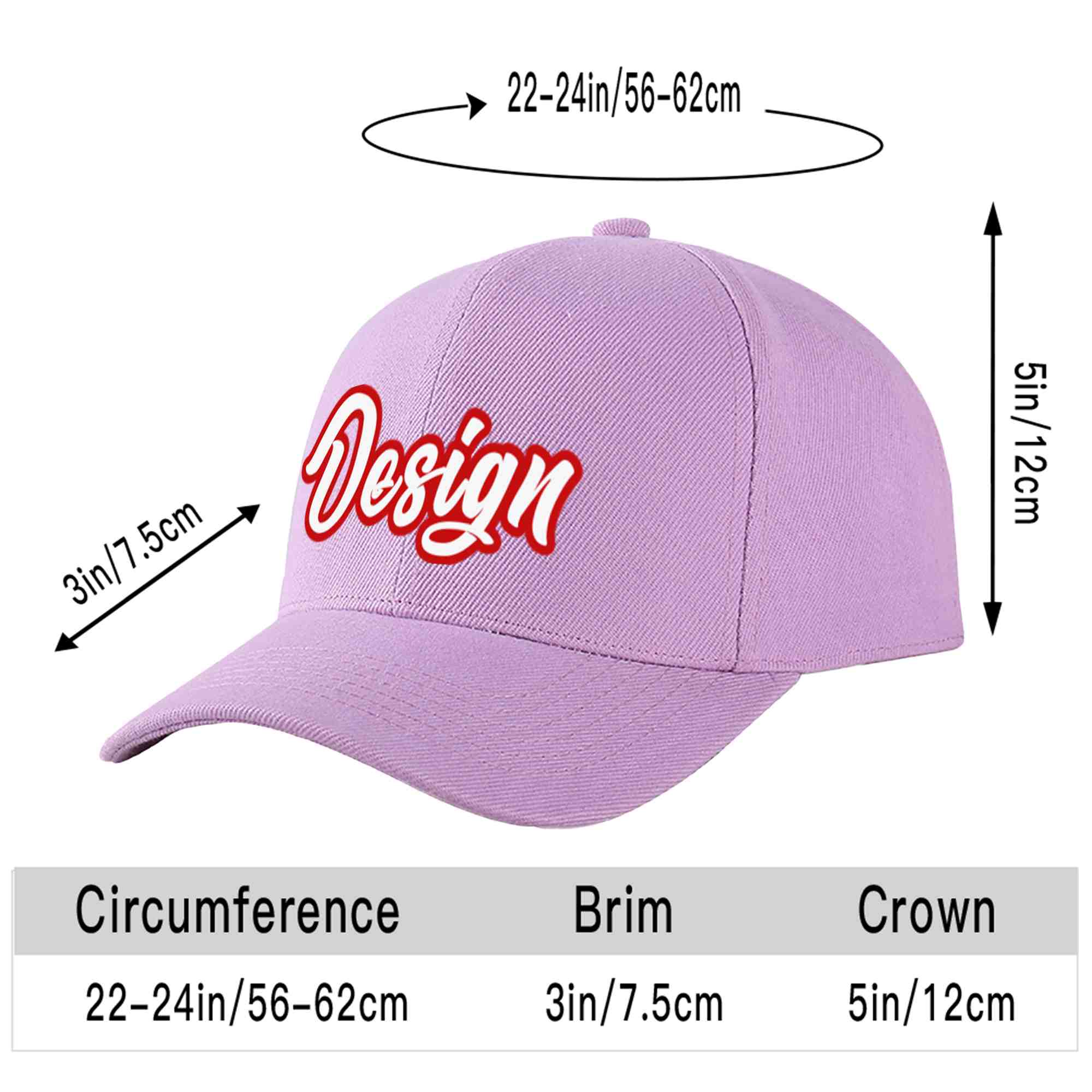 Casquette de baseball personnalisée, violet clair, blanc-rouge, design sportif, avec avant-toit incurvé