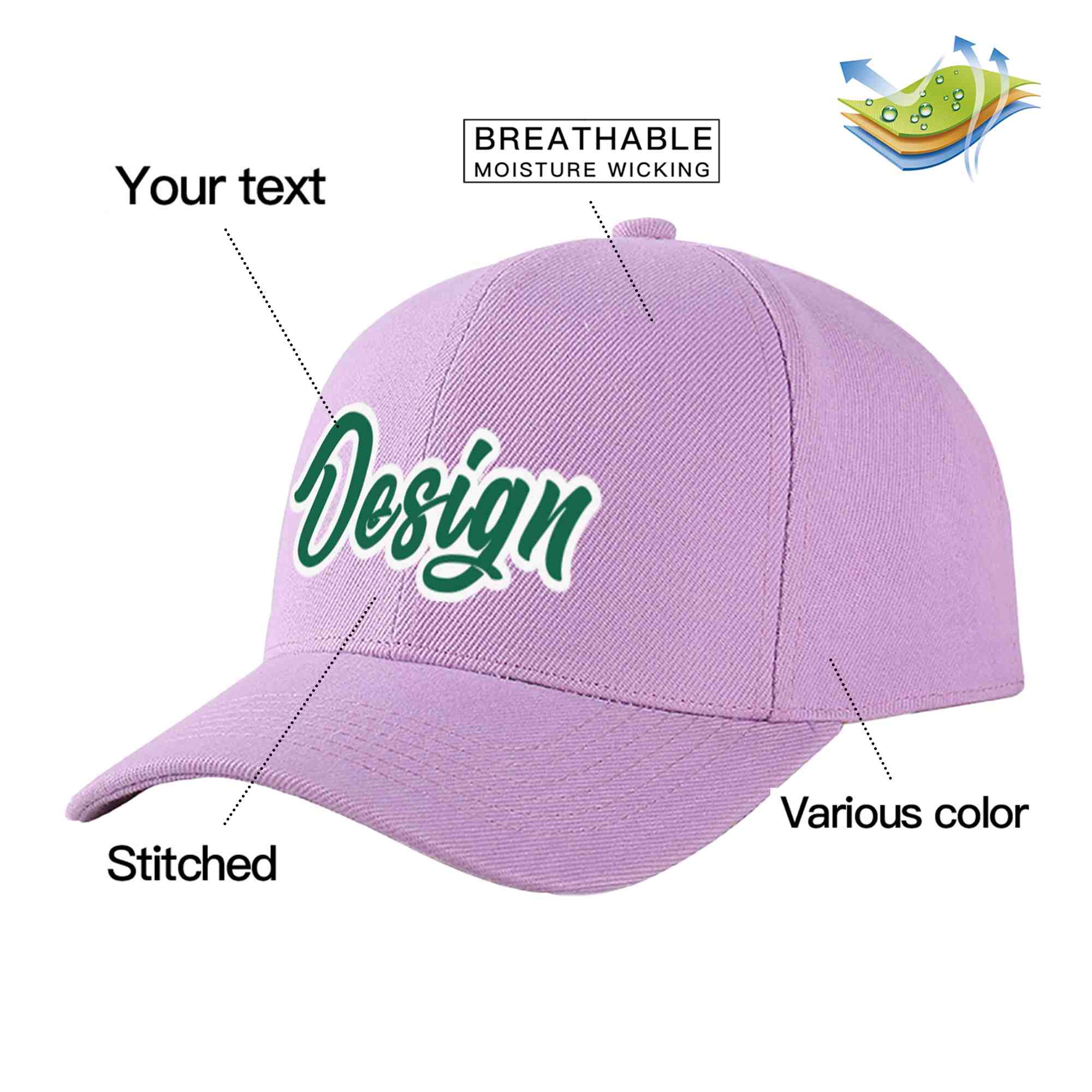 Casquette de baseball personnalisée, violet clair, vert-blanc, design sportif, avec avant-toit incurvé