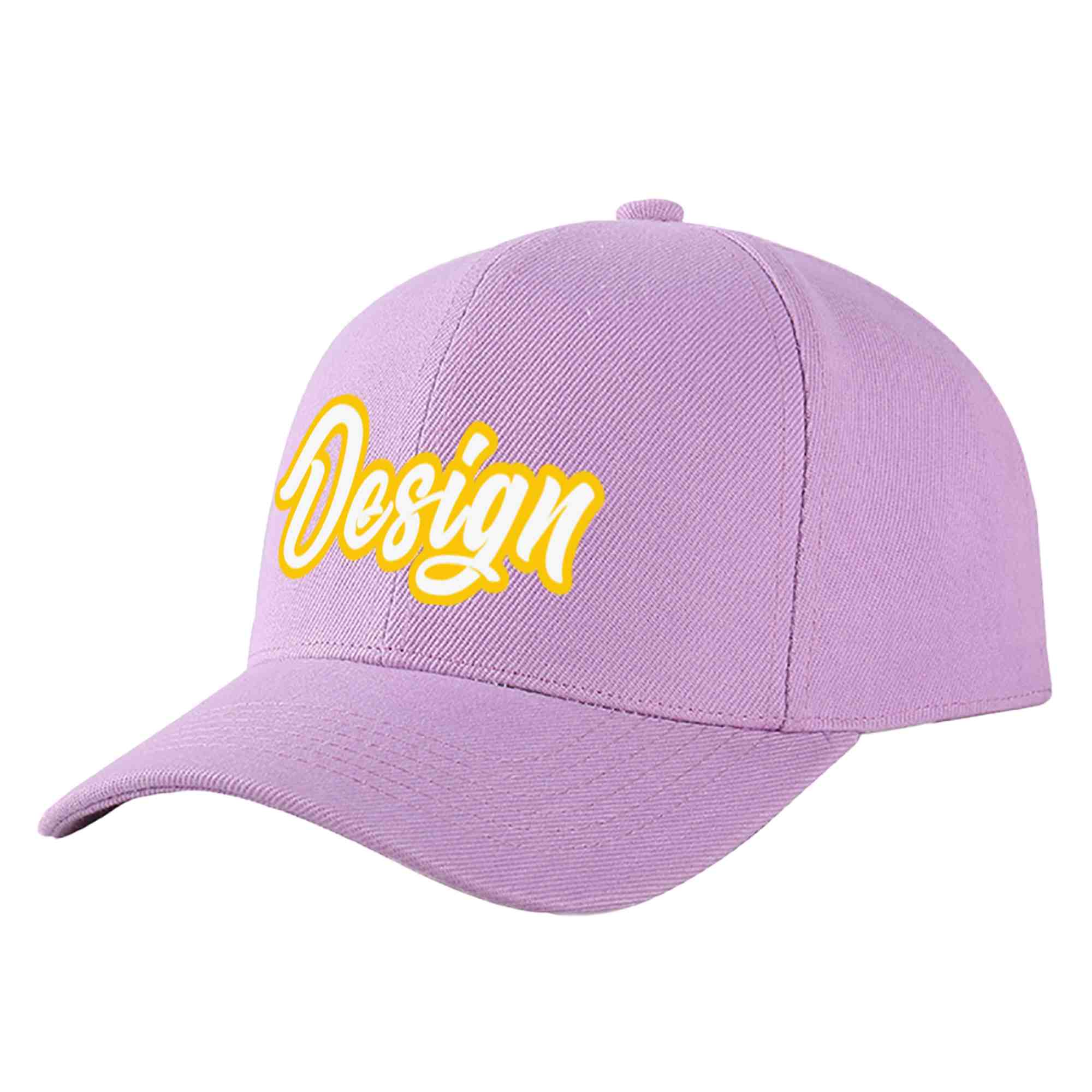 Custom Light Purple White-Gold Curved Eaves Sport Design Baseball Cap