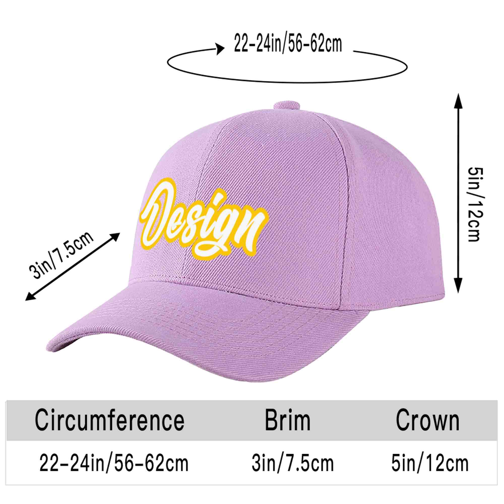 Casquette de baseball personnalisée, violet clair, blanc et or, avec avant-toit incurvé, Design sportif