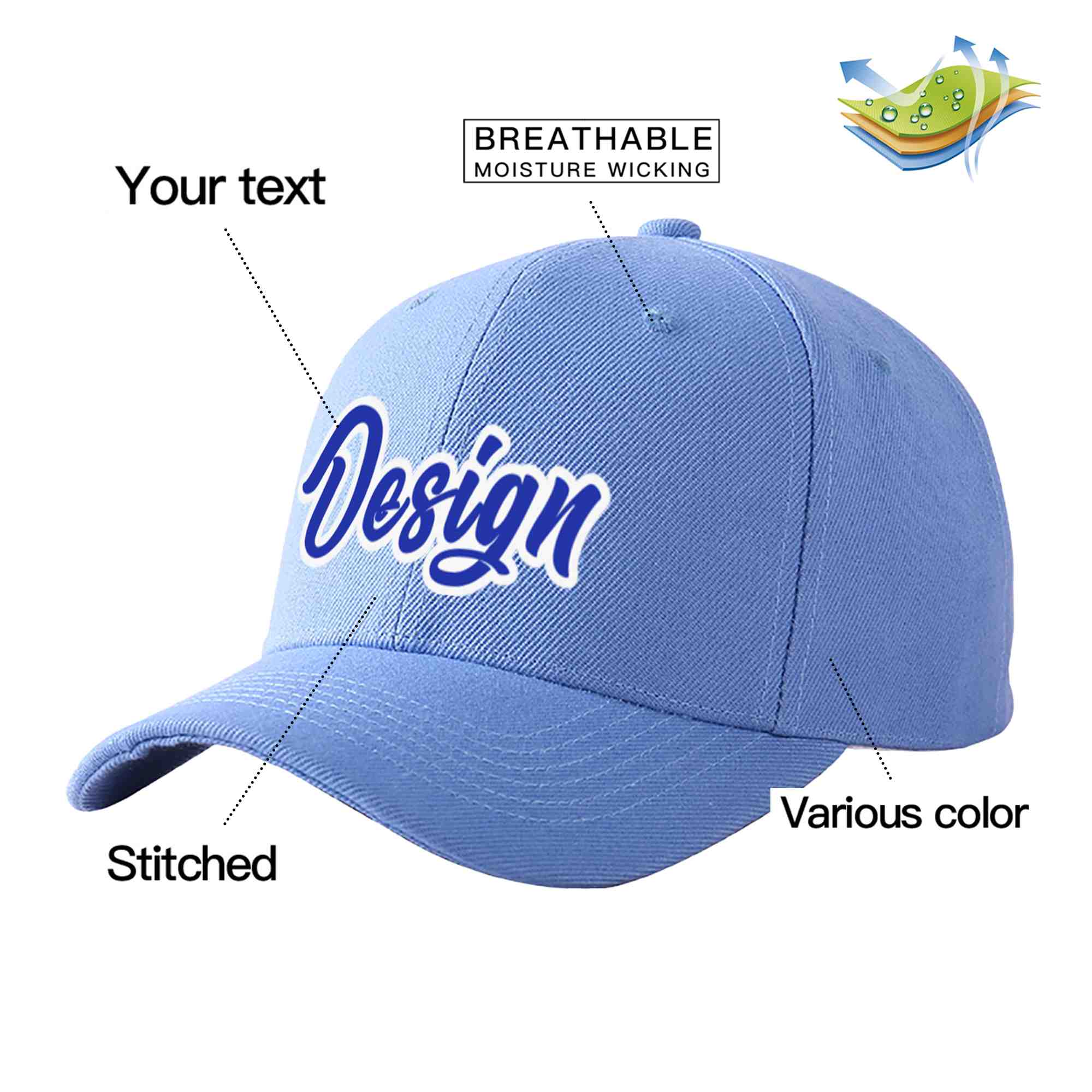 Casquette de baseball personnalisée bleu ciel Royal-blanc courbé Eaves Sport Design