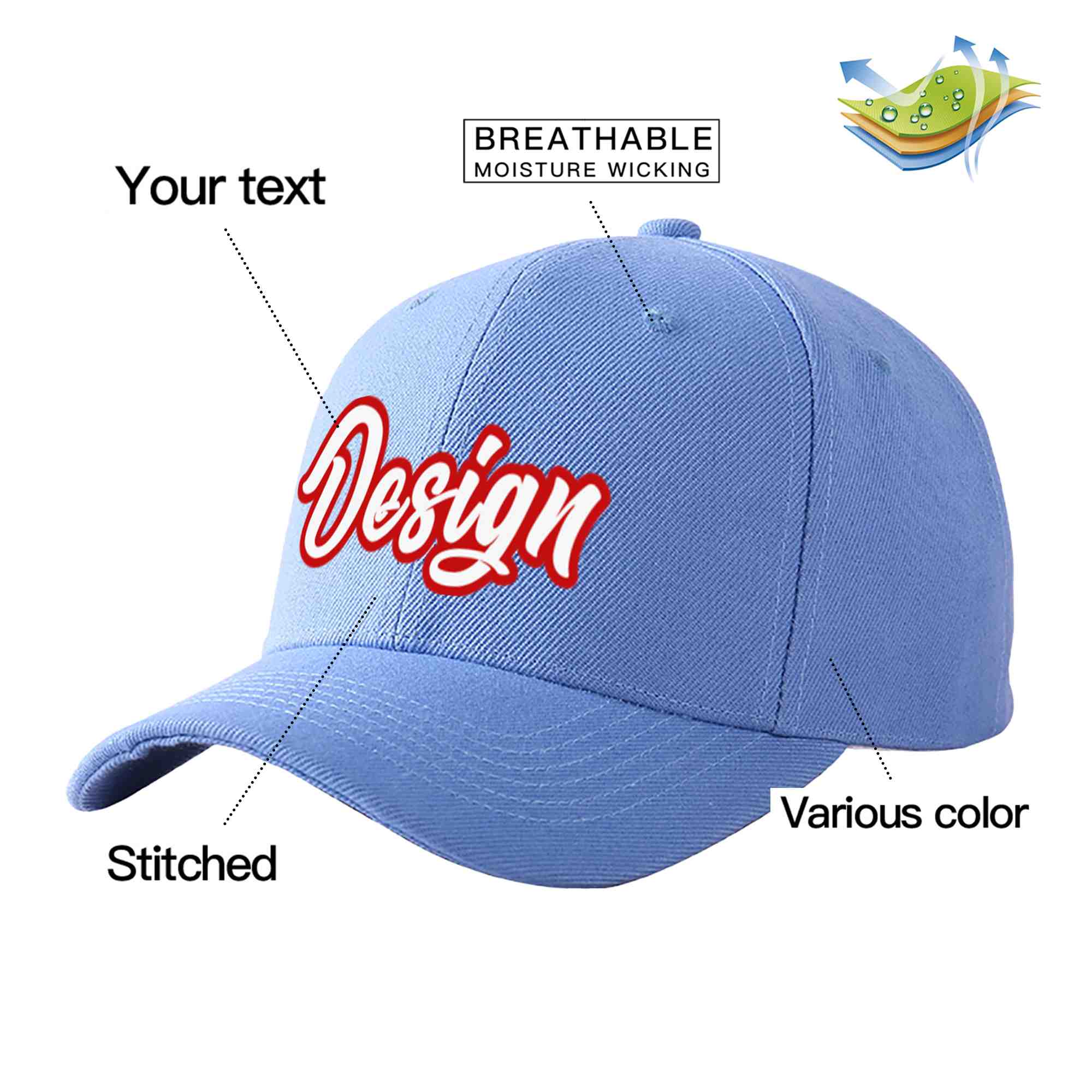 Casquette de baseball personnalisée bleu ciel blanc-rouge avec avant-toit incurvé