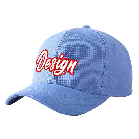 Custom Sky Blue White-Red Curved Eaves Sport Design Baseball Cap