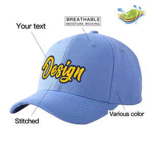 Custom Sky Blue Gold-Navy Curved Eaves Sport Design Baseball Cap