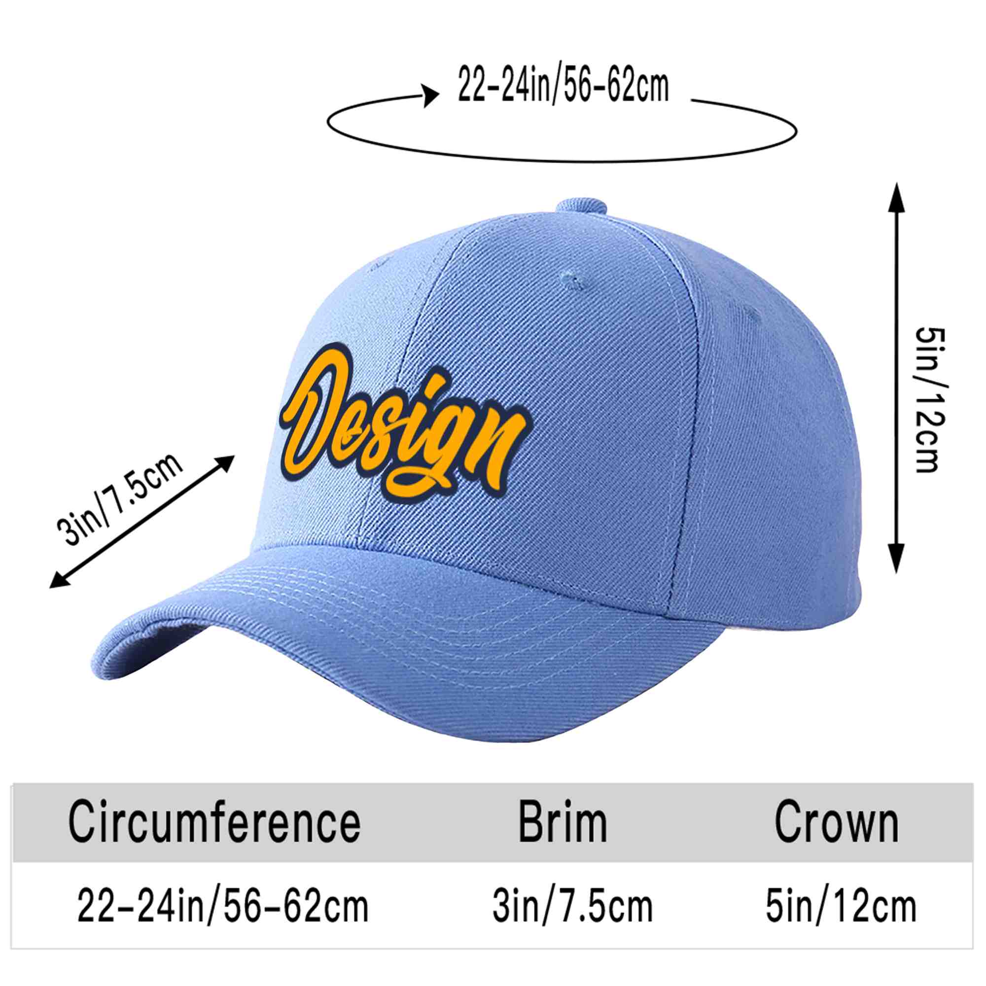 Custom Sky Blue Yellow-Navy Curved Eaves Sport Design Baseball Cap