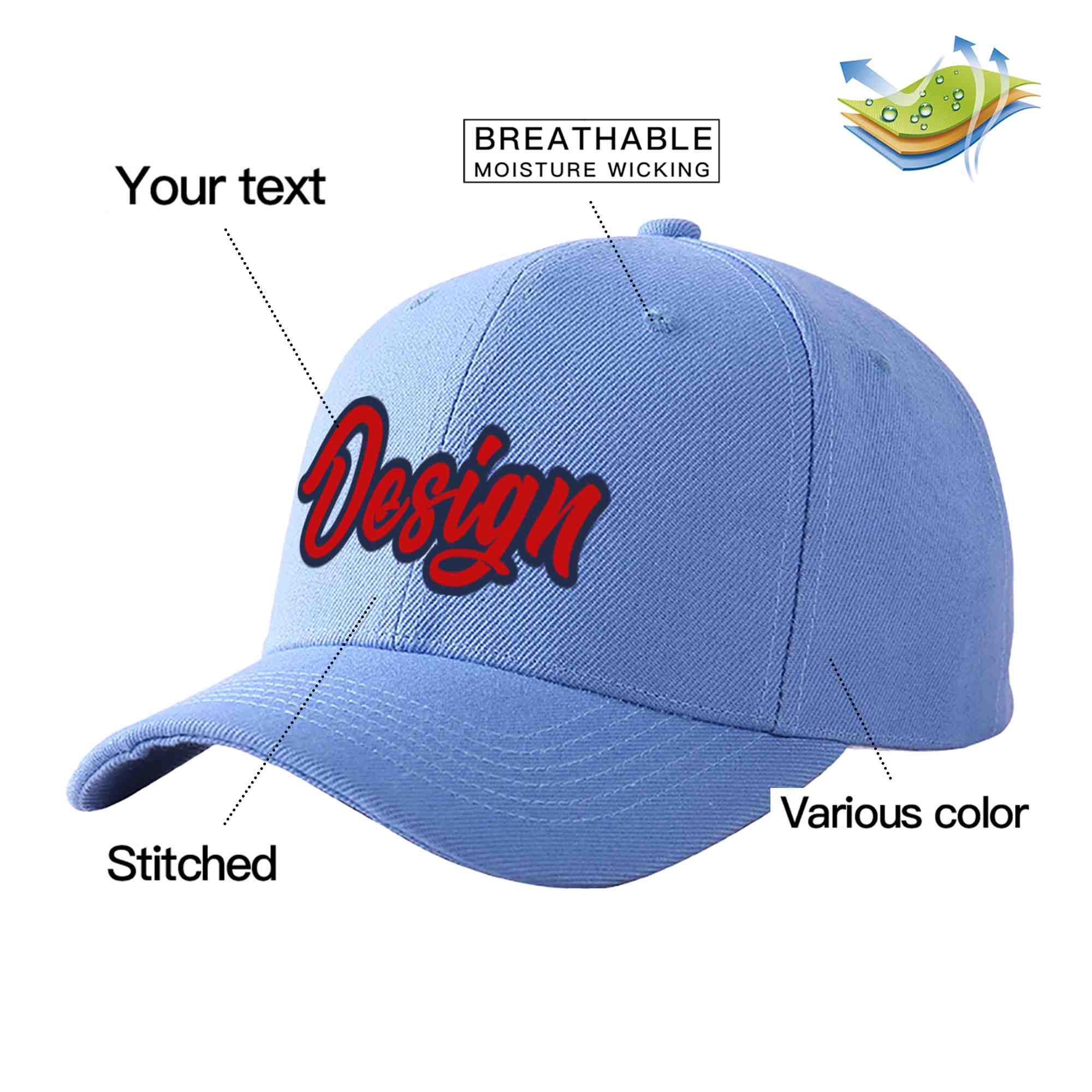 Casquette de baseball personnalisée bleu ciel rouge-marine courbée Eaves Sport Design