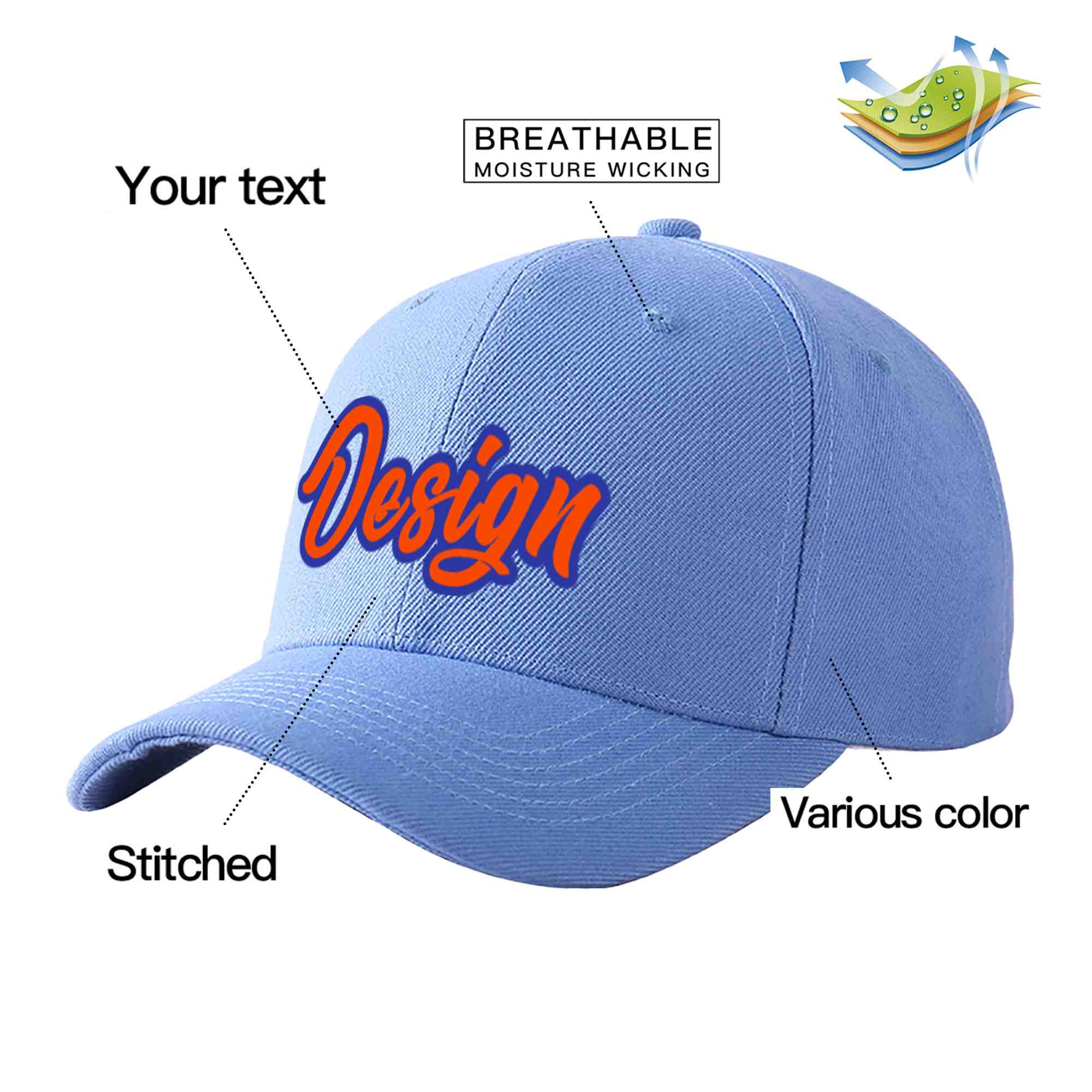 Casquette de baseball personnalisée bleu ciel orange-royal courbée Eaves Sport Design