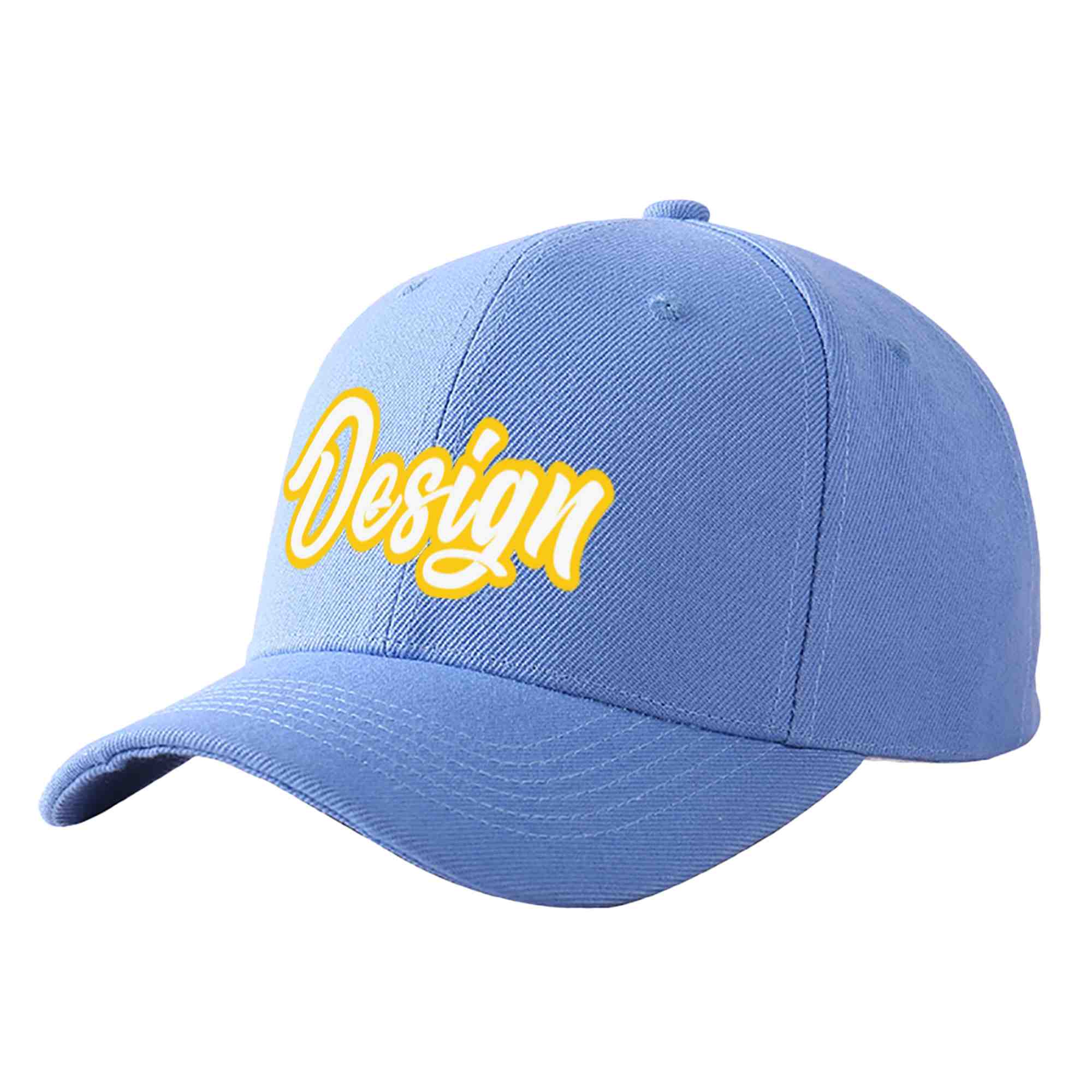 Custom Sky Blue White-Gold Curved Eaves Sport Design Baseball Cap