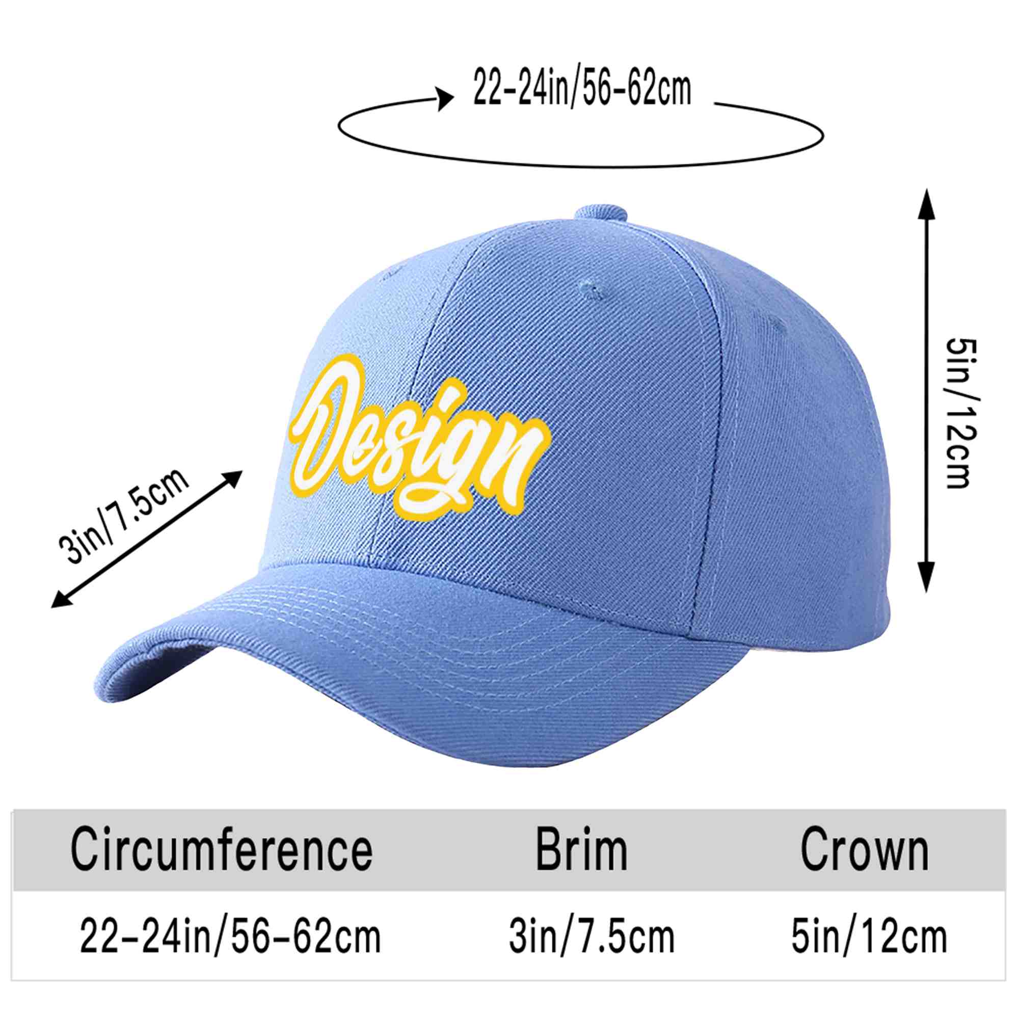 Custom Sky Blue White-Gold Curved Eaves Sport Design Baseball Cap