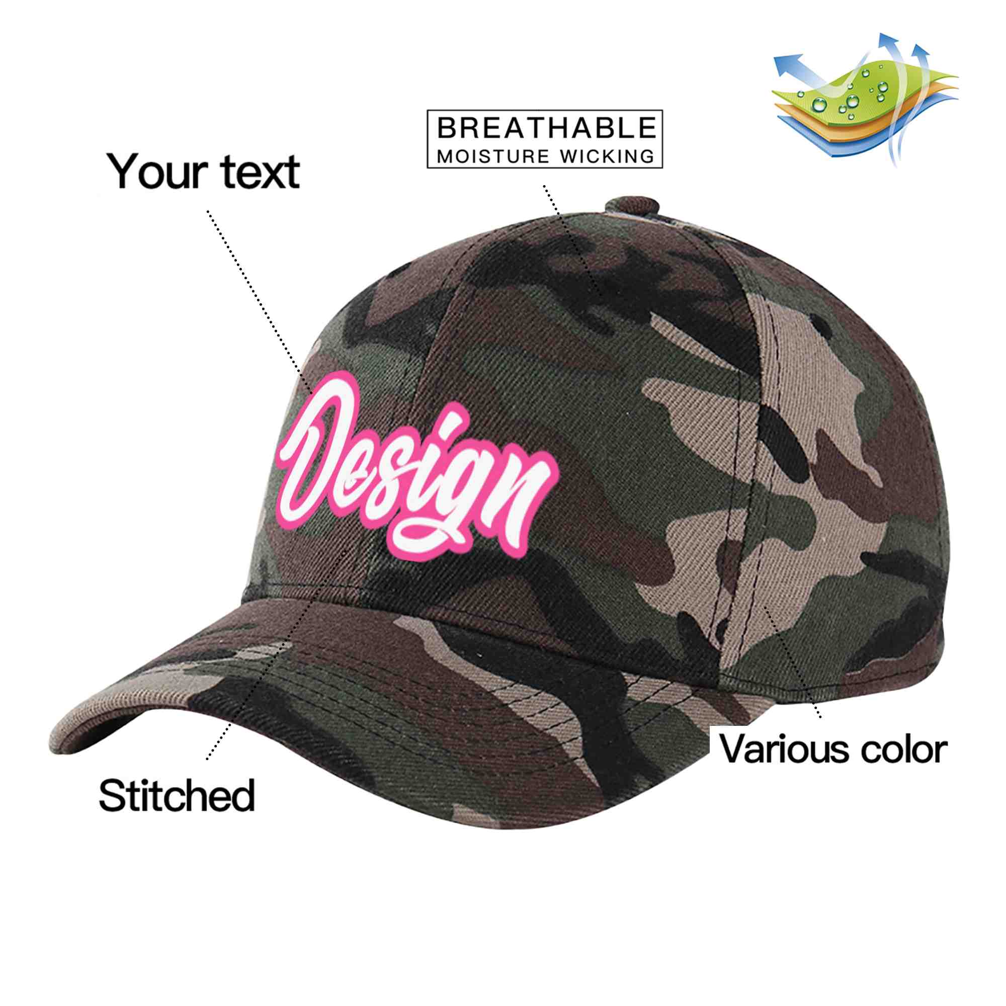 Custom Camo White-Pink Curved Eaves Sport Design Baseball Cap