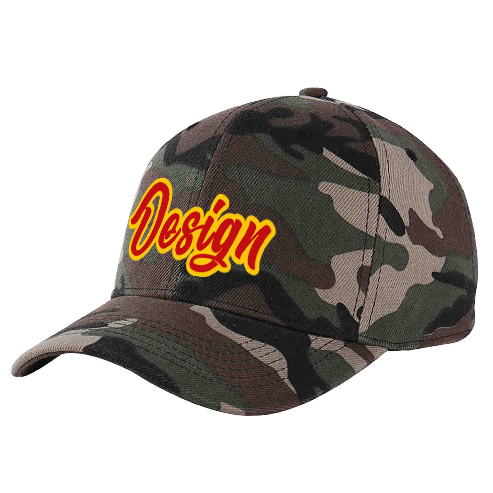 Casquette de baseball personnalisée camouflage rouge-jaune avec avant-toit incurvé et design sportif