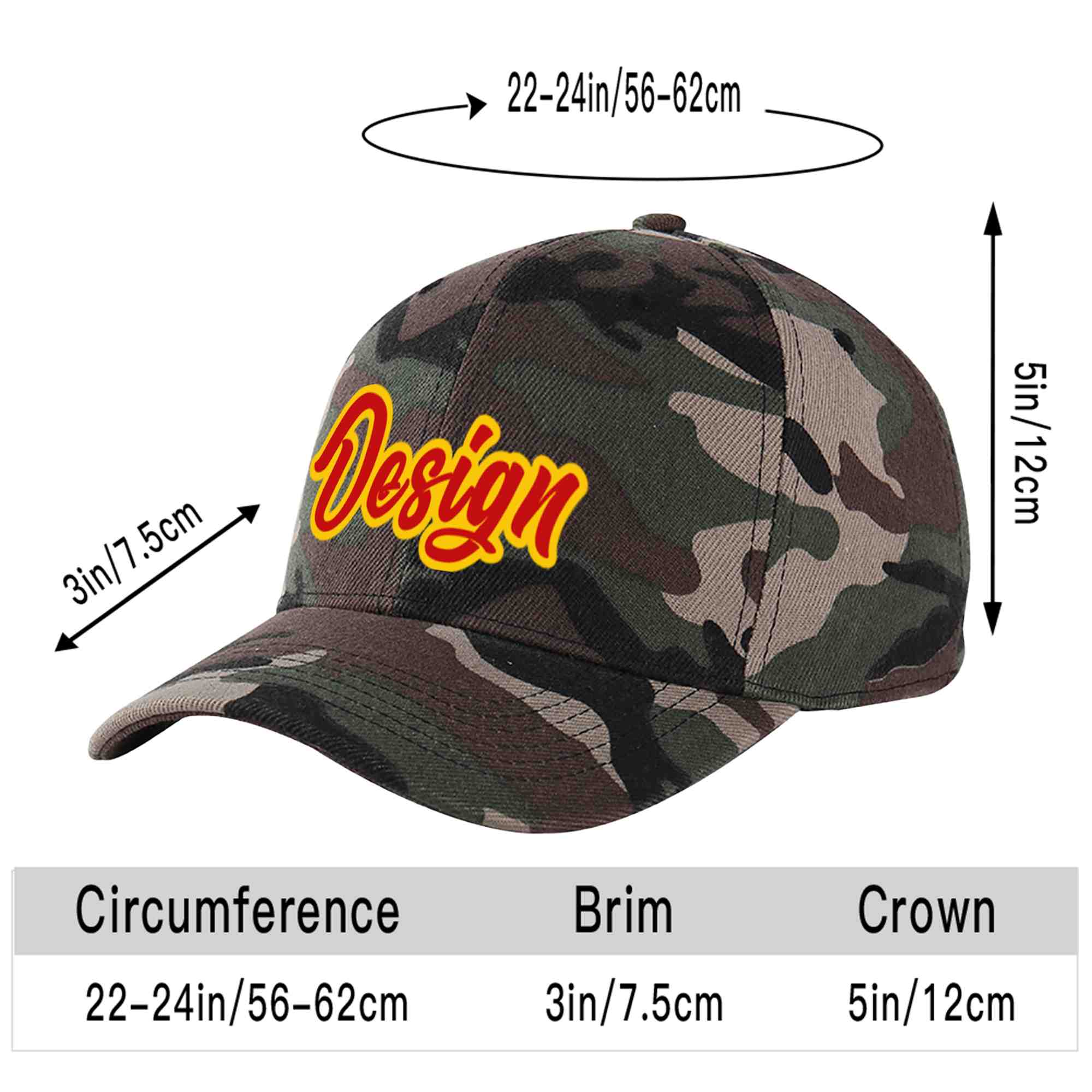 Casquette de baseball personnalisée camouflage rouge-jaune avec avant-toit incurvé et design sportif