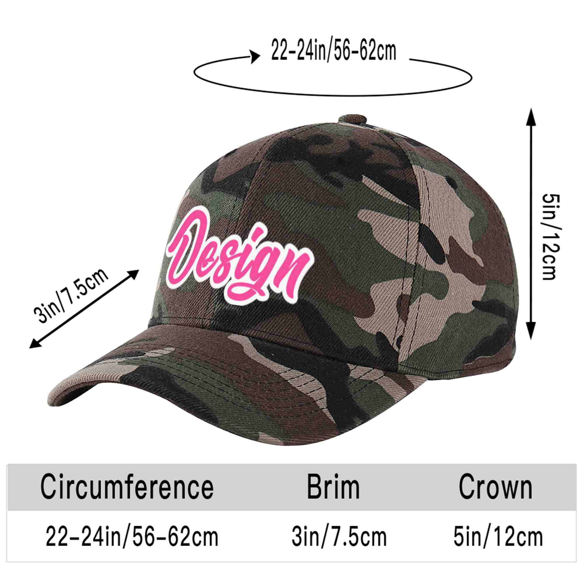 Casquette de baseball personnalisée camouflage rose-blanc avec avant-toit incurvé et design sportif