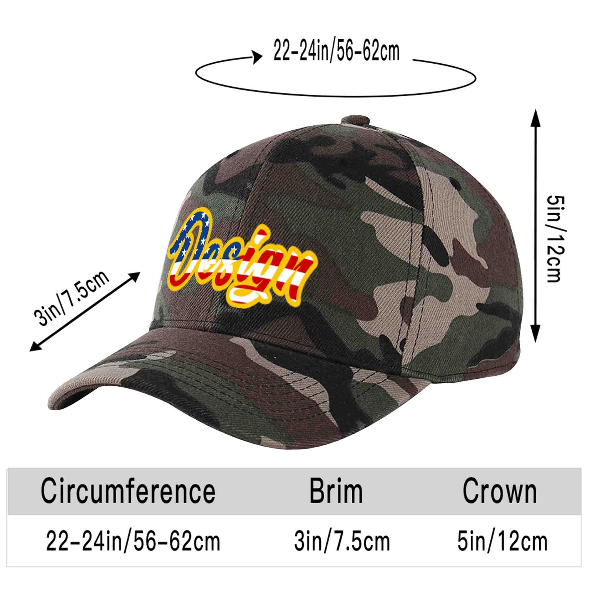 Custom Camo Vintage USA Flag-Gold Curved Eaves Sport Design Baseball Cap