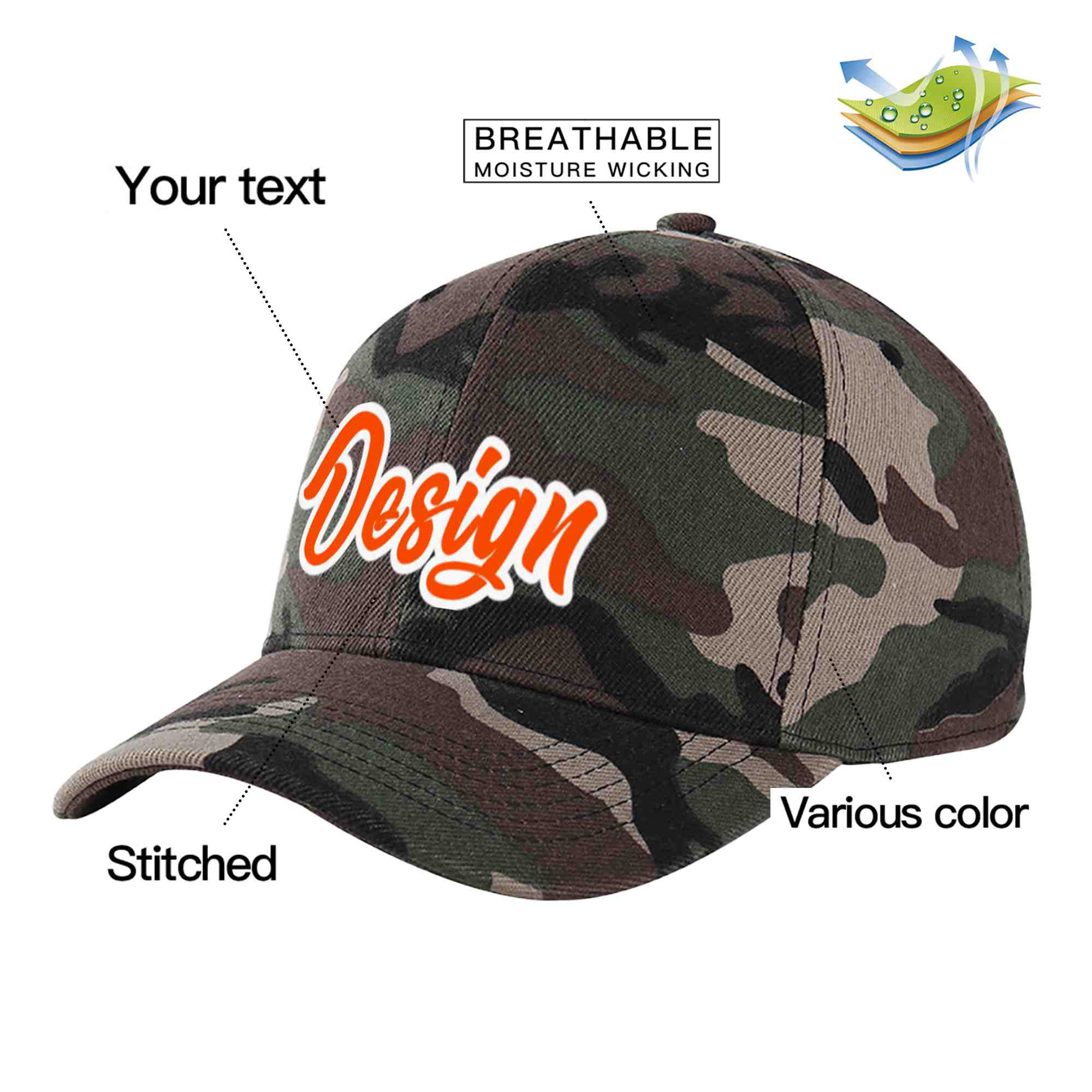 Custom Camo Orange-White Curved Eaves Sport Design Baseball Cap