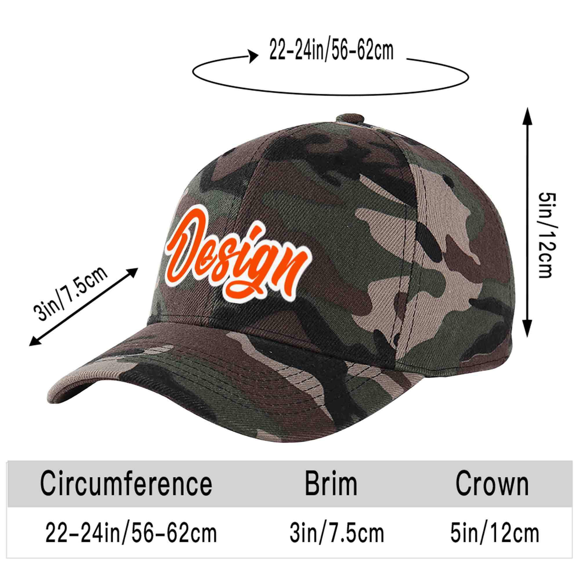 Custom Camo Orange-White Curved Eaves Sport Design Baseball Cap