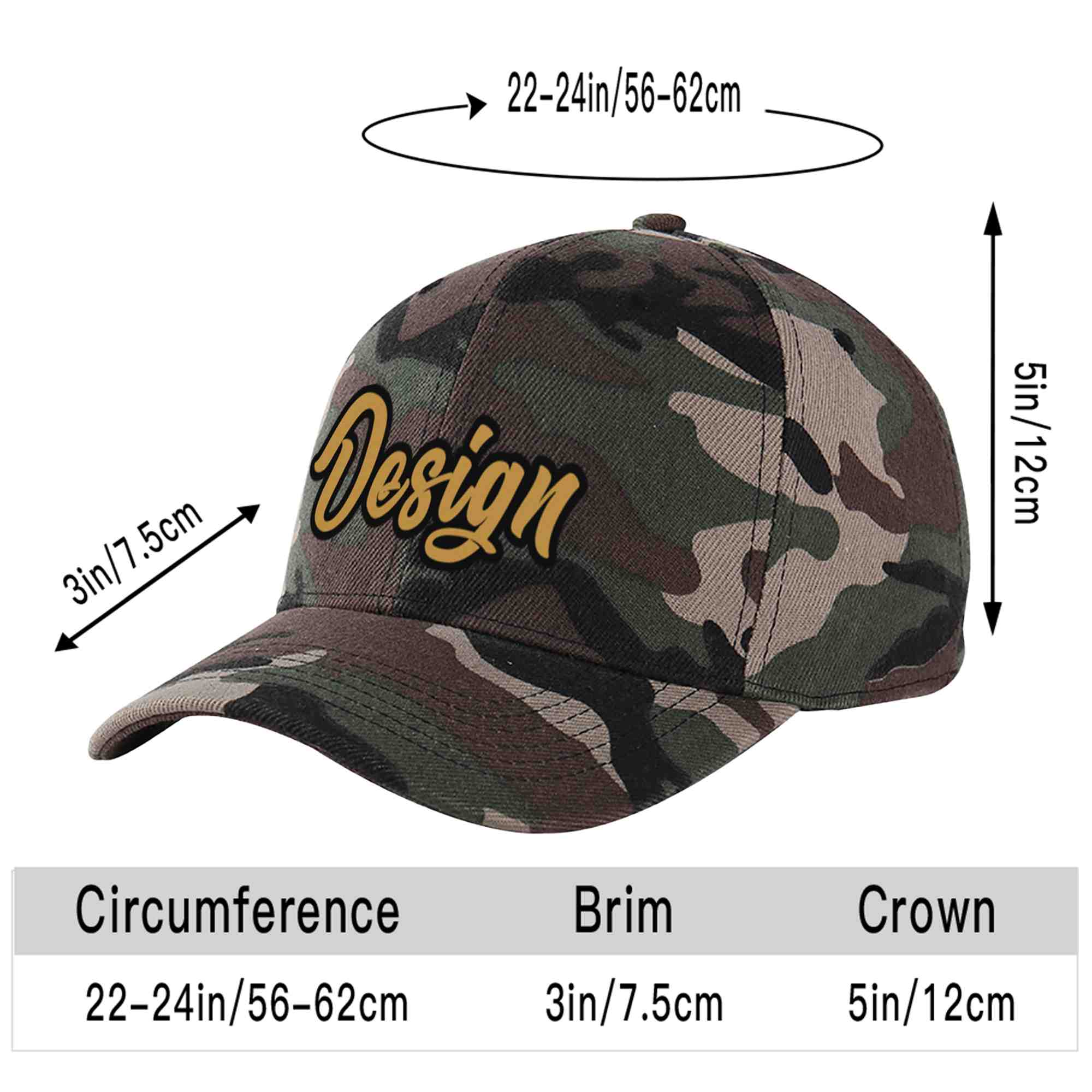 Custom Camo Old Gold-Black Curved Eaves Sport Design Baseball Cap