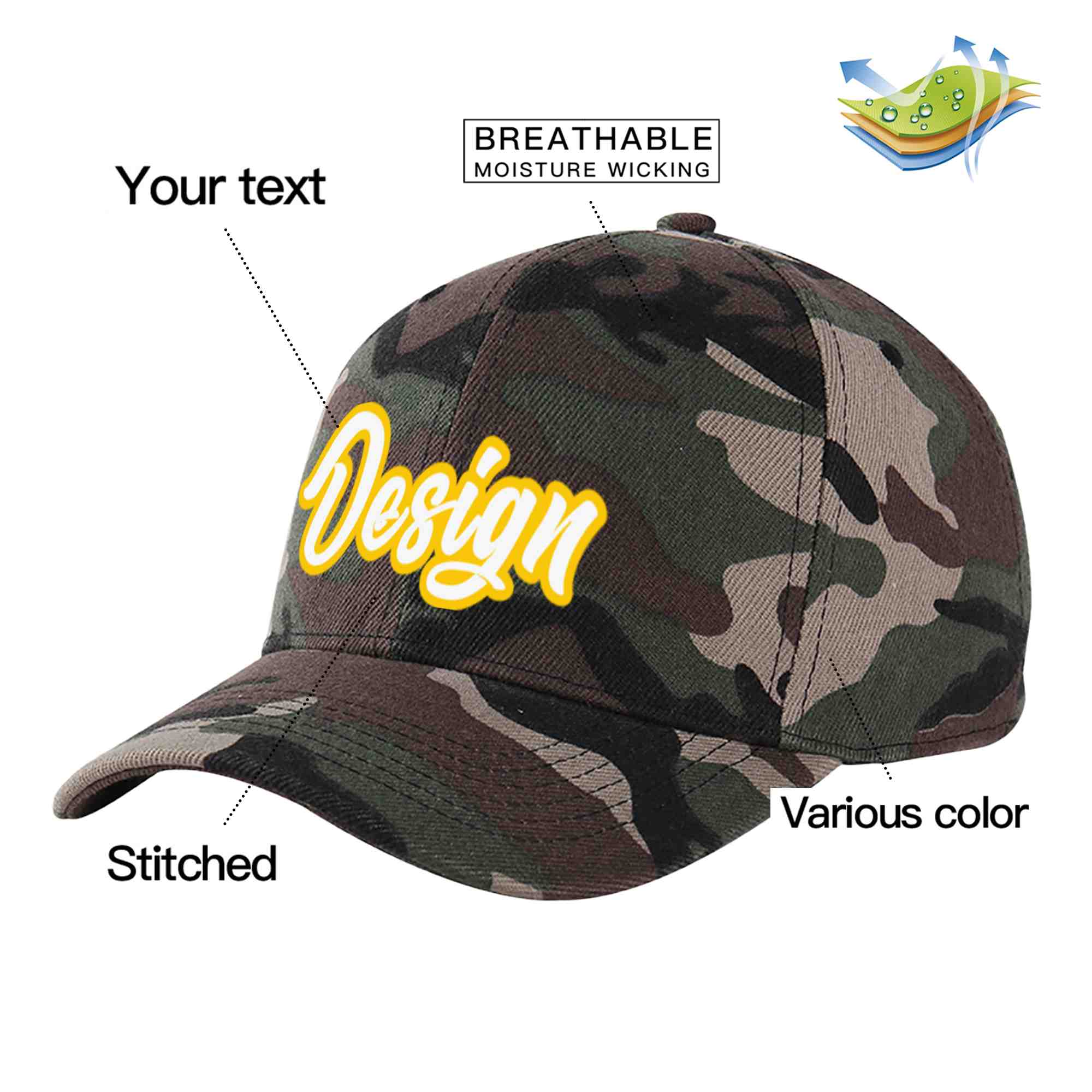 Custom Camo White-Gold Curved Eaves Sport Design Baseball Cap