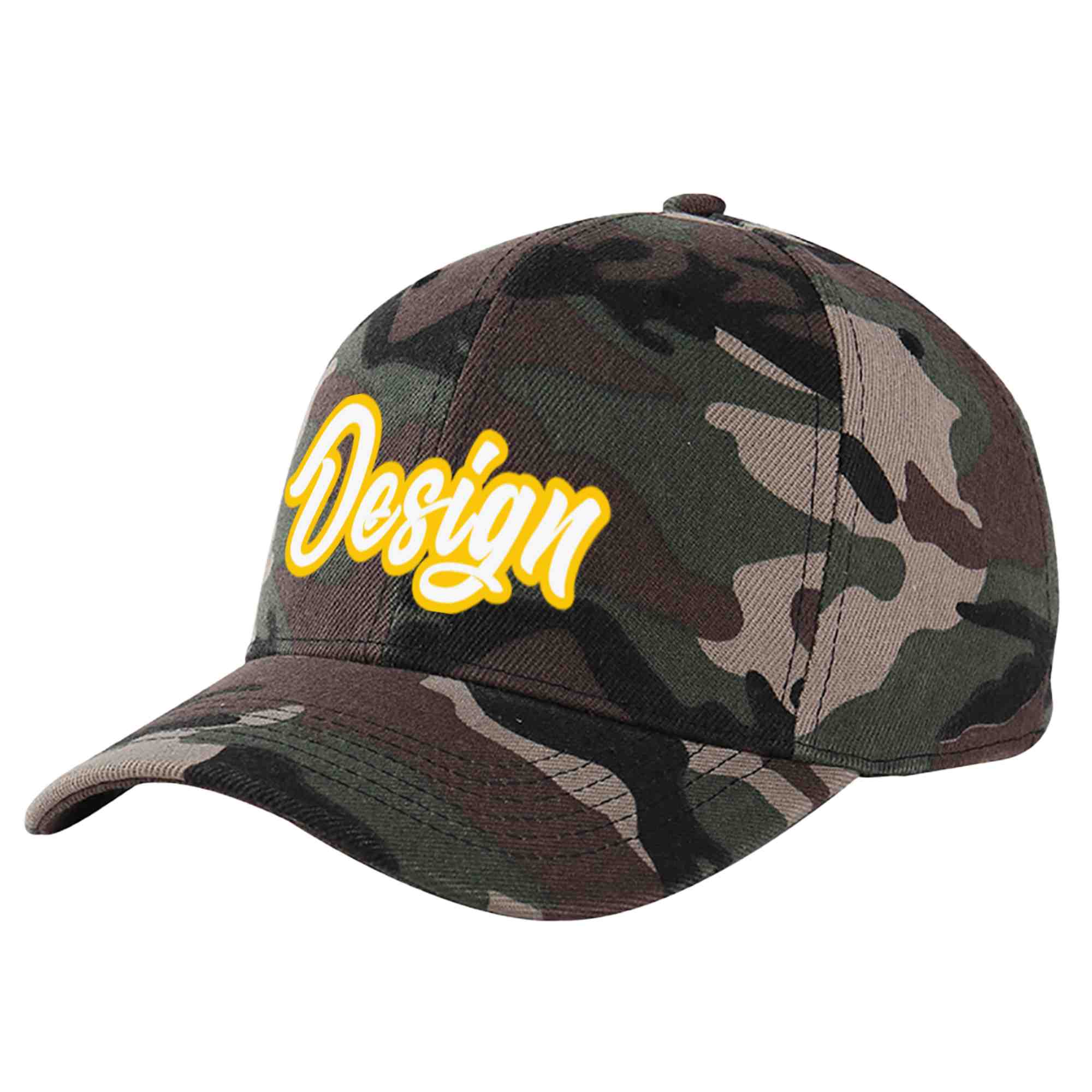 Custom Camo White-Gold Curved Eaves Sport Design Baseball Cap