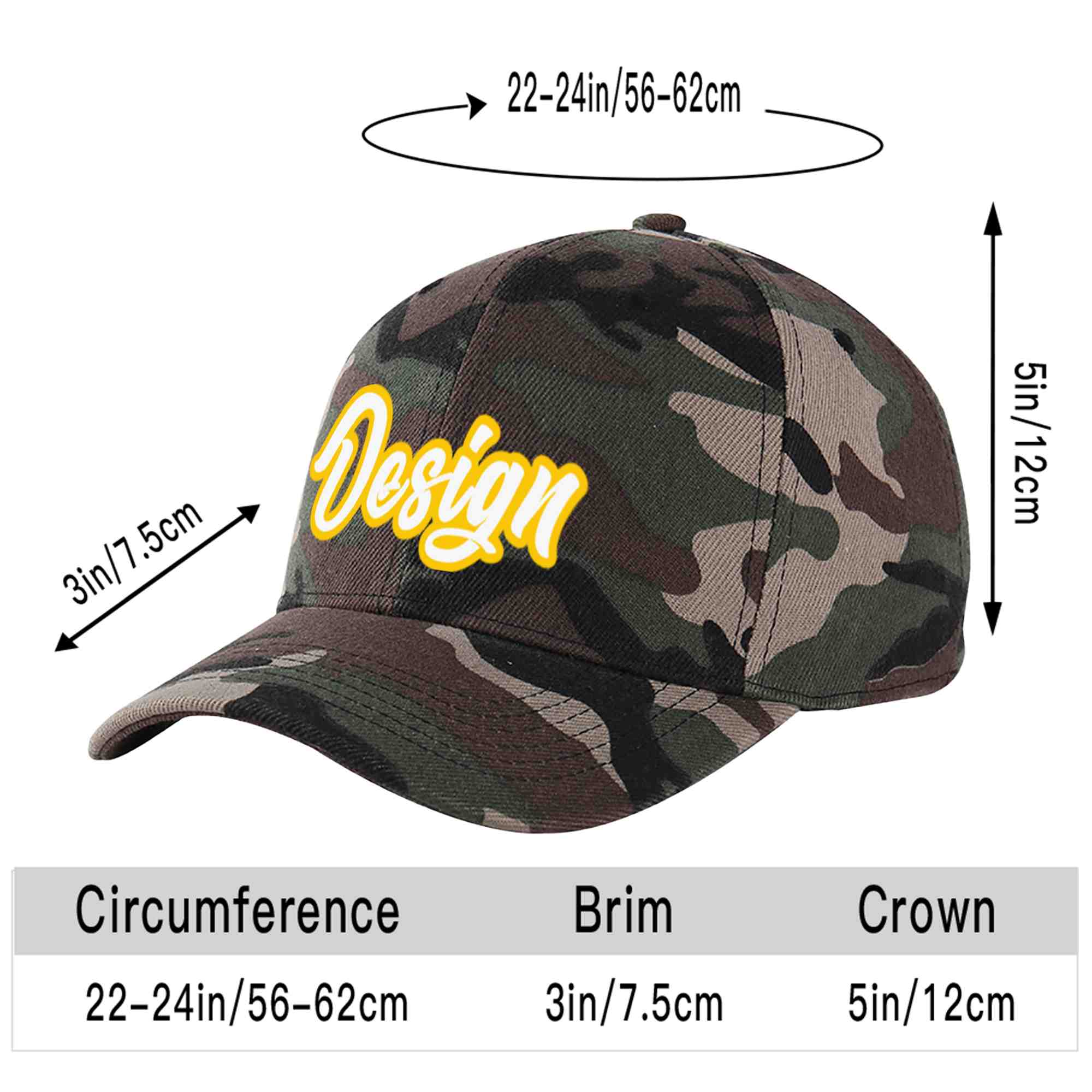 Custom Camo White-Gold Curved Eaves Sport Design Baseball Cap