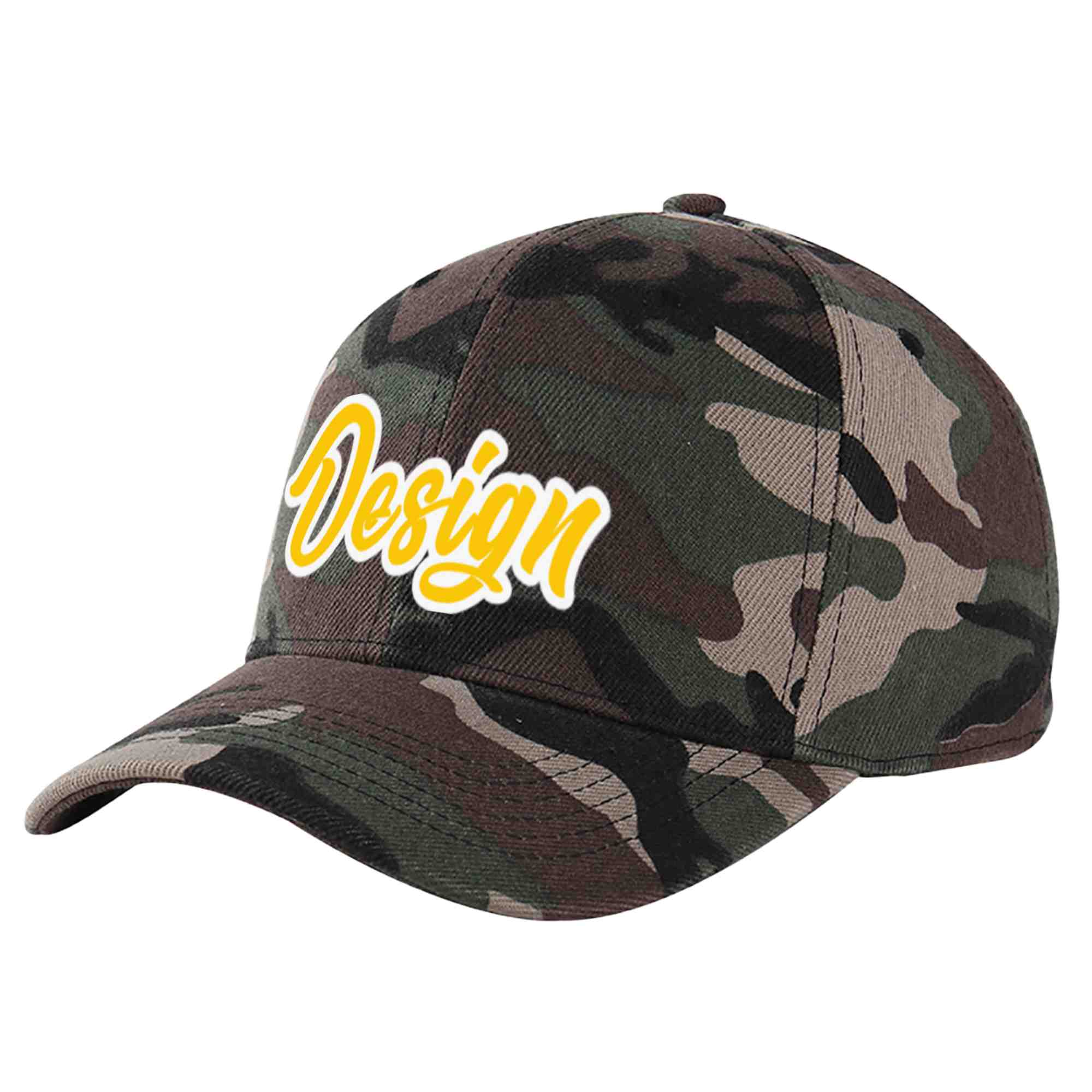 Custom Camo Gold-White Curved Eaves Sport Design Baseball Cap