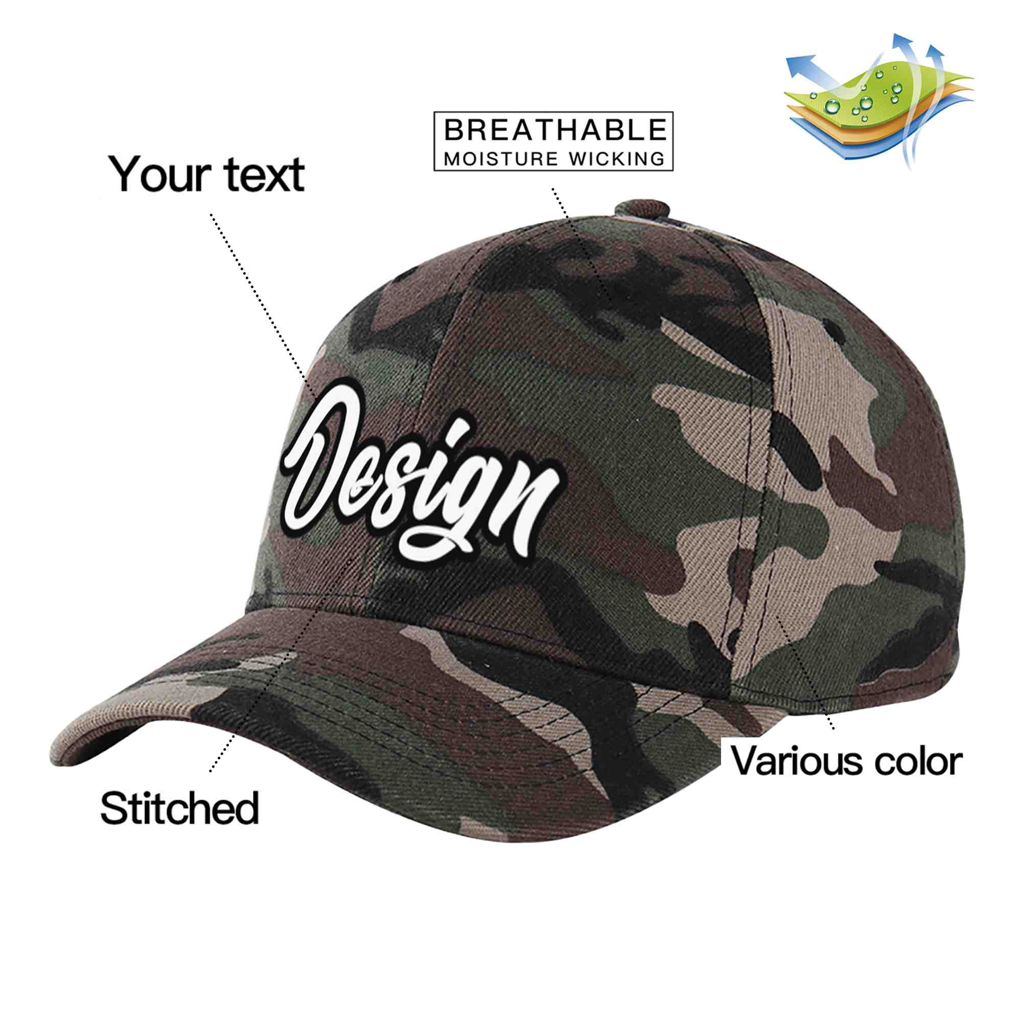 Custom Camo White-Black Curved Eaves Sport Design Baseball Cap