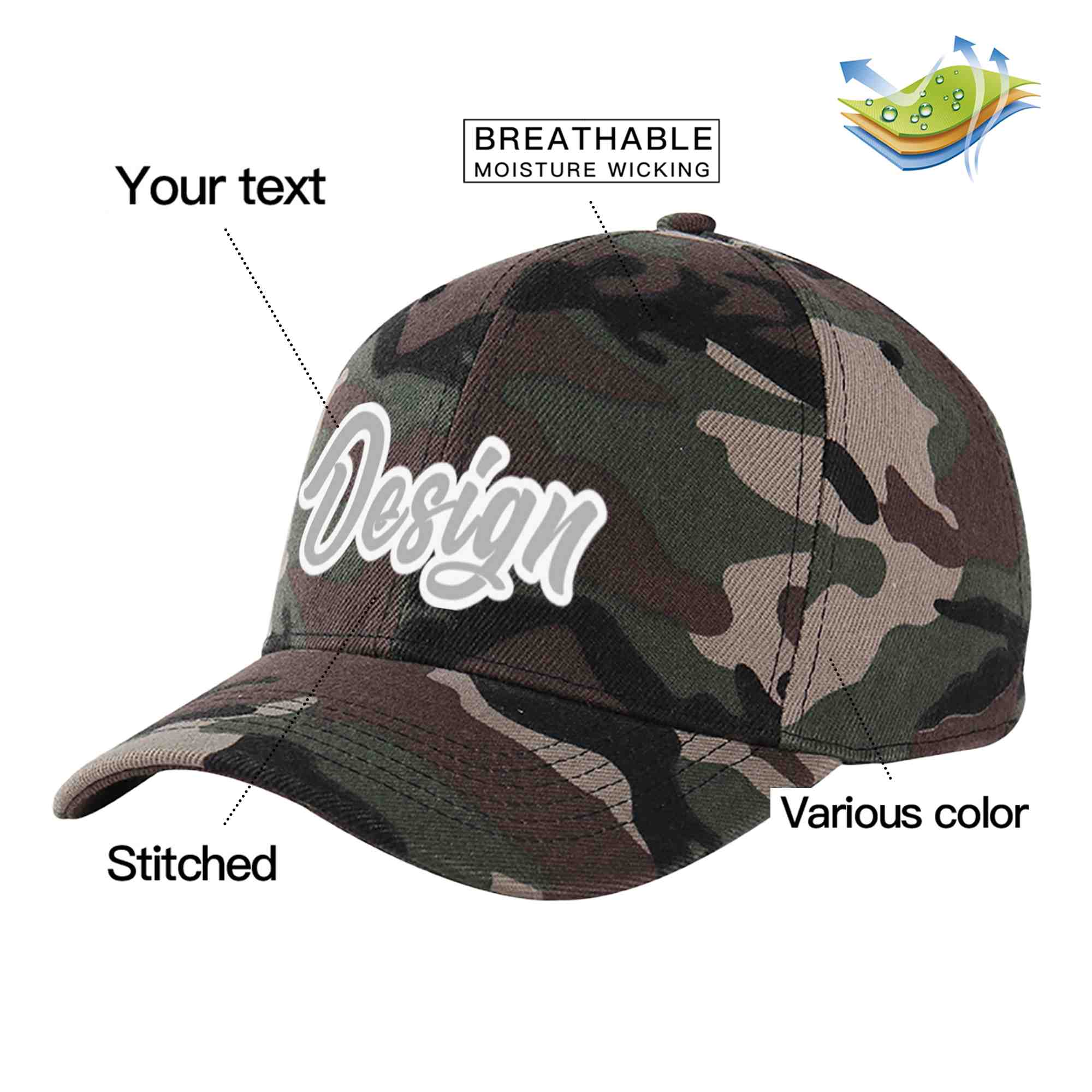 Custom Camo Gray-White Curved Eaves Sport Design Baseball Cap