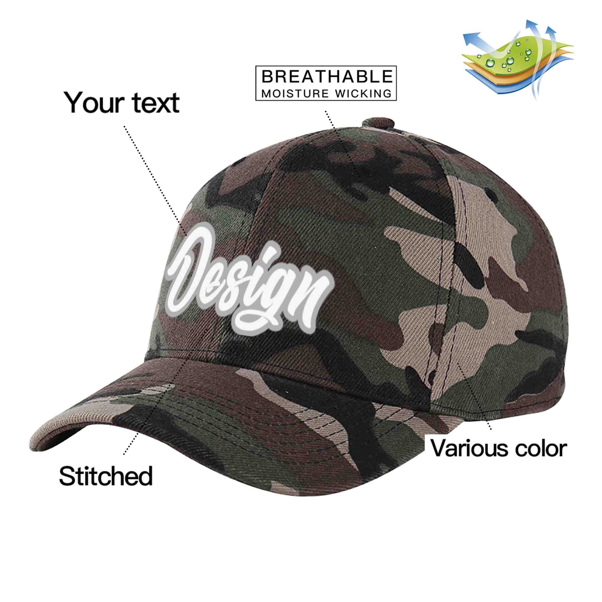 Custom Camo White-Gray Curved Eaves Sport Design Baseball Cap