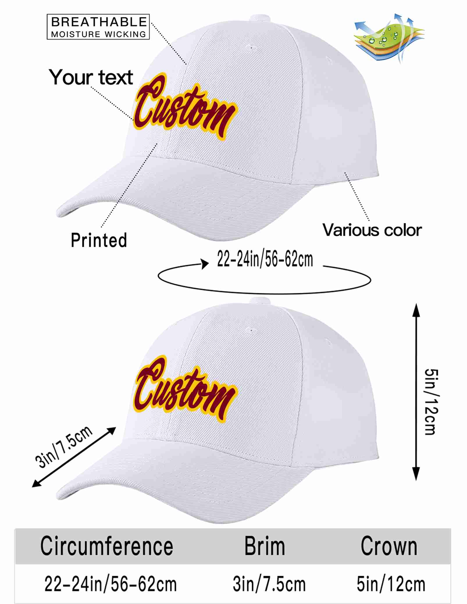 Conception personnalisée de casquette de baseball de sport incurvée blanc cramoisi-jaune pour hommes/femmes/jeunes