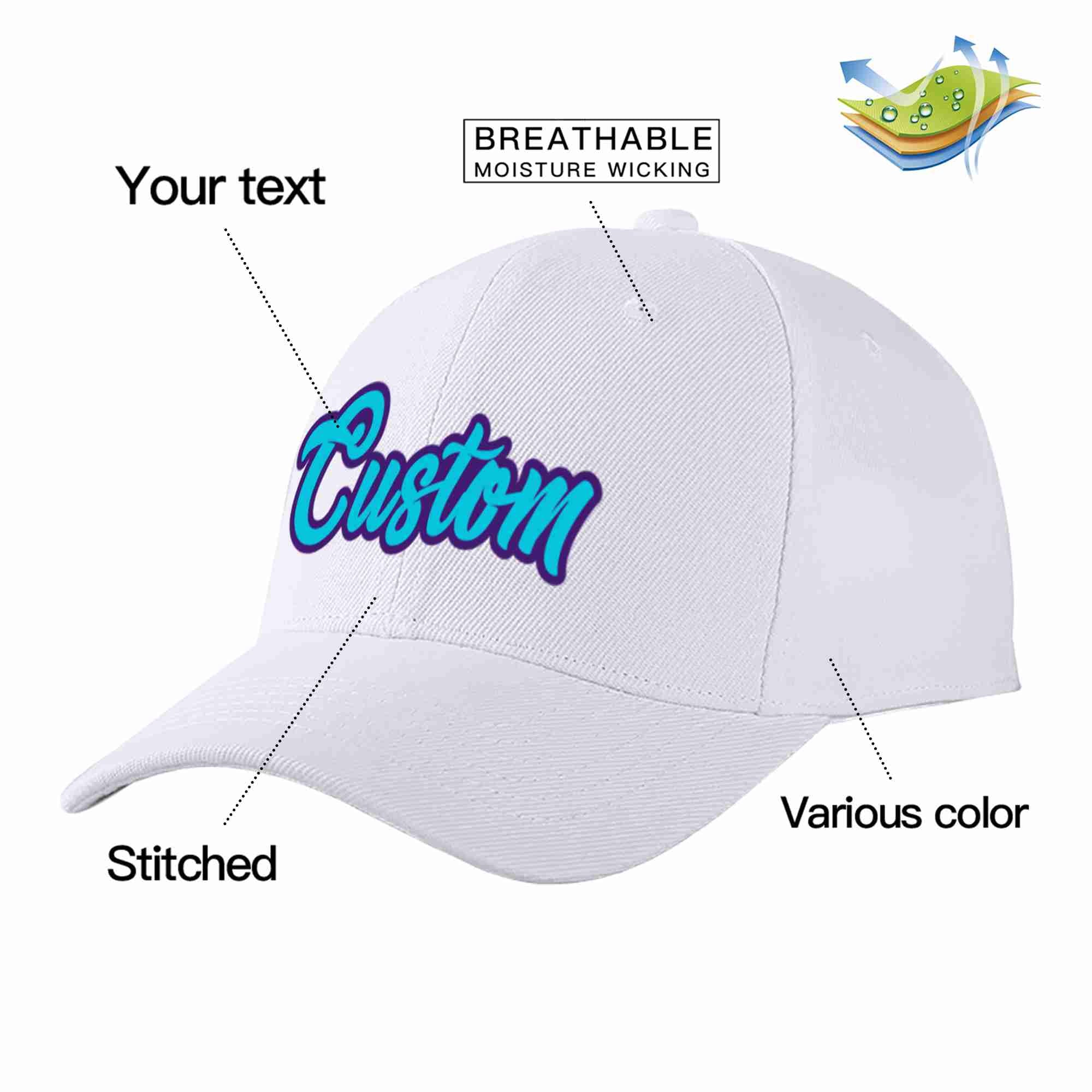 Conception personnalisée de casquette de baseball de sport incurvée bleu clair-violet blanc pour hommes/femmes/jeunes