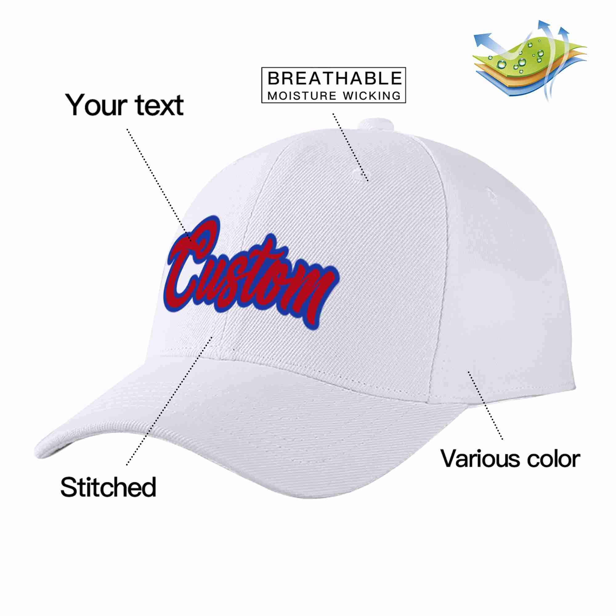 Conception personnalisée de casquette de baseball de sport incurvée blanc rouge-royal pour hommes/femmes/jeunes