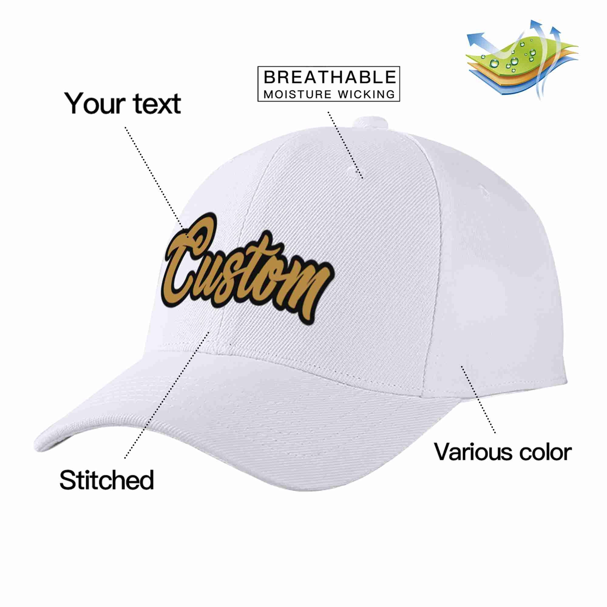 Conception personnalisée de casquette de baseball de sport à avant-toit incurvé blanc vieux or-noir pour hommes/femmes/jeunes