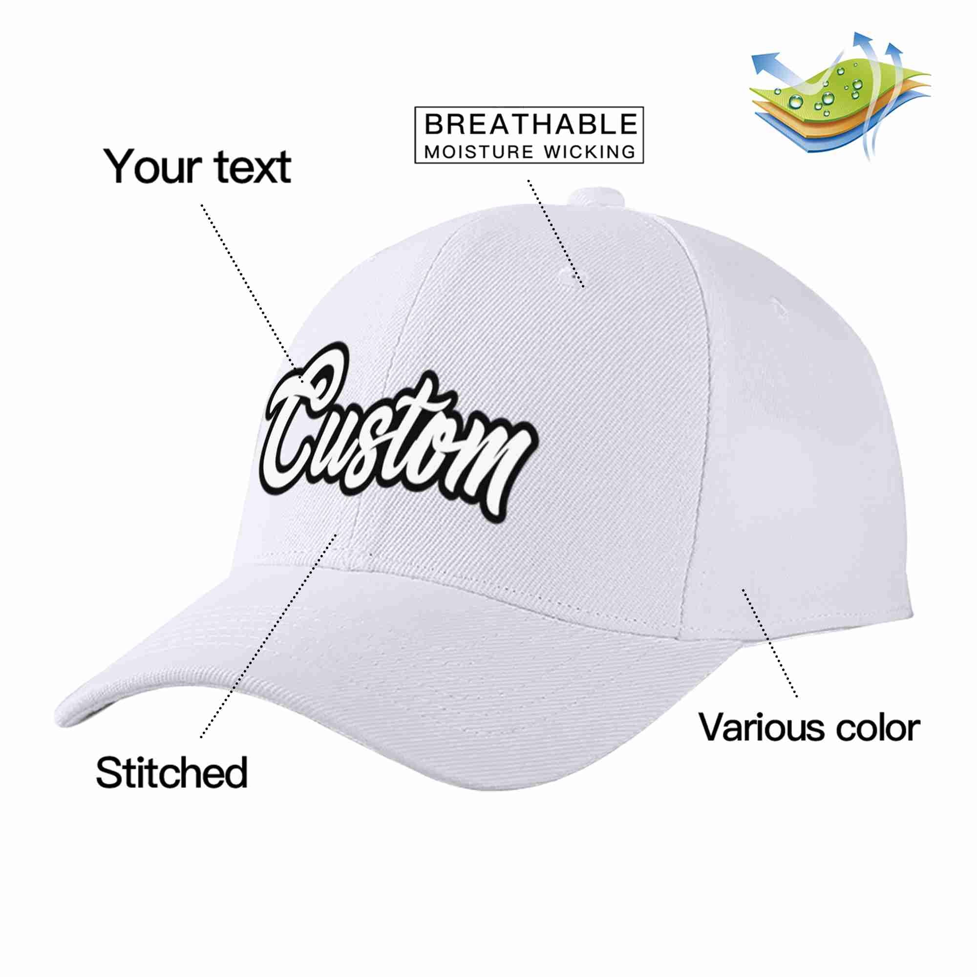 Conception personnalisée de casquette de baseball de sport incurvée blanc-noir blanc pour hommes/femmes/jeunes