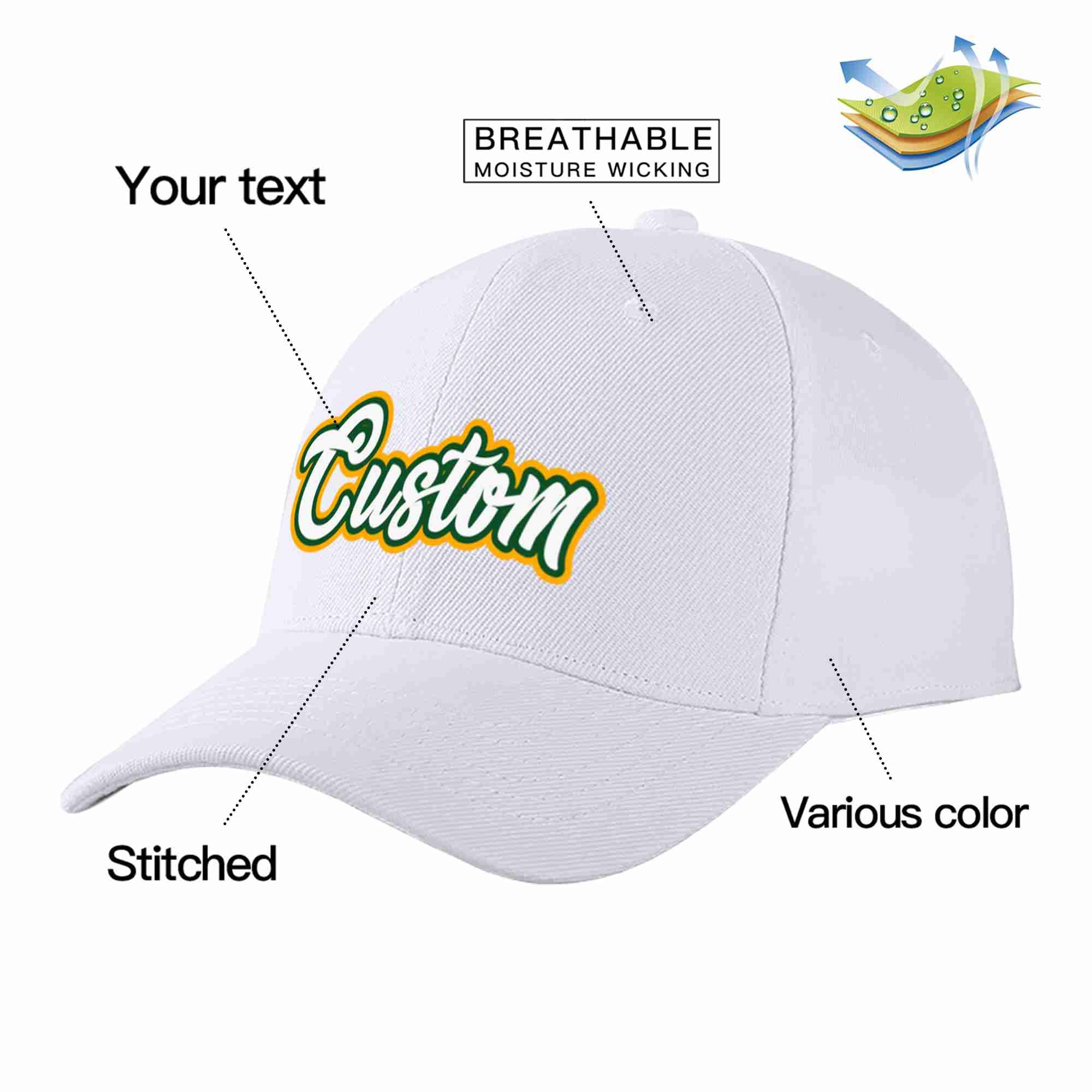 Conception personnalisée de casquette de baseball de sport incurvée blanc-vert Kelly pour hommes/femmes/jeunes