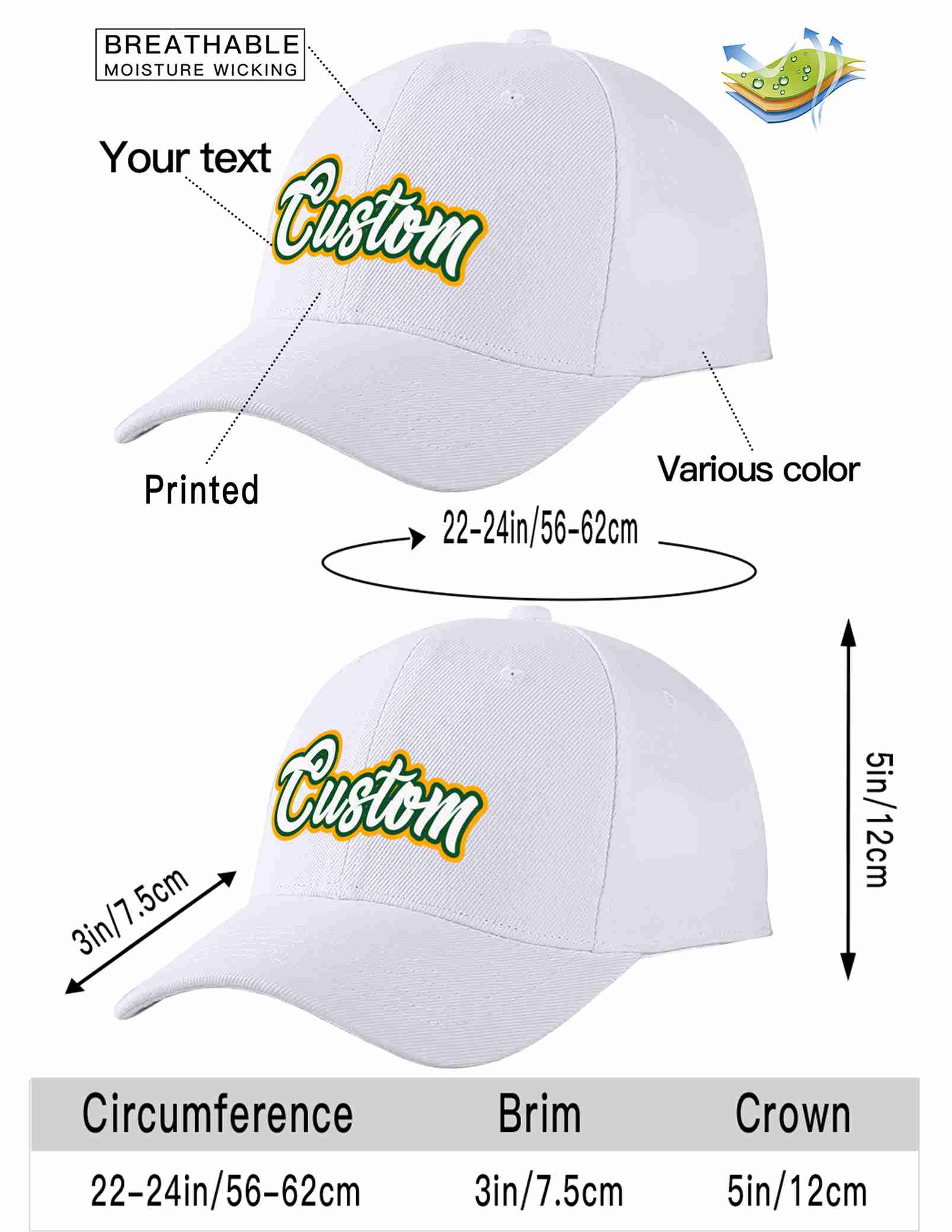 Conception personnalisée de casquette de baseball de sport incurvée blanc-vert Kelly pour hommes/femmes/jeunes