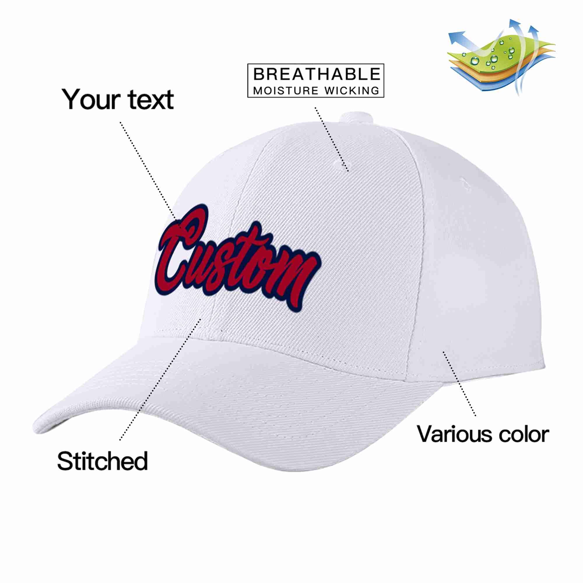 Conception personnalisée de casquette de baseball de sport incurvée blanc rouge-marine pour hommes/femmes/jeunes