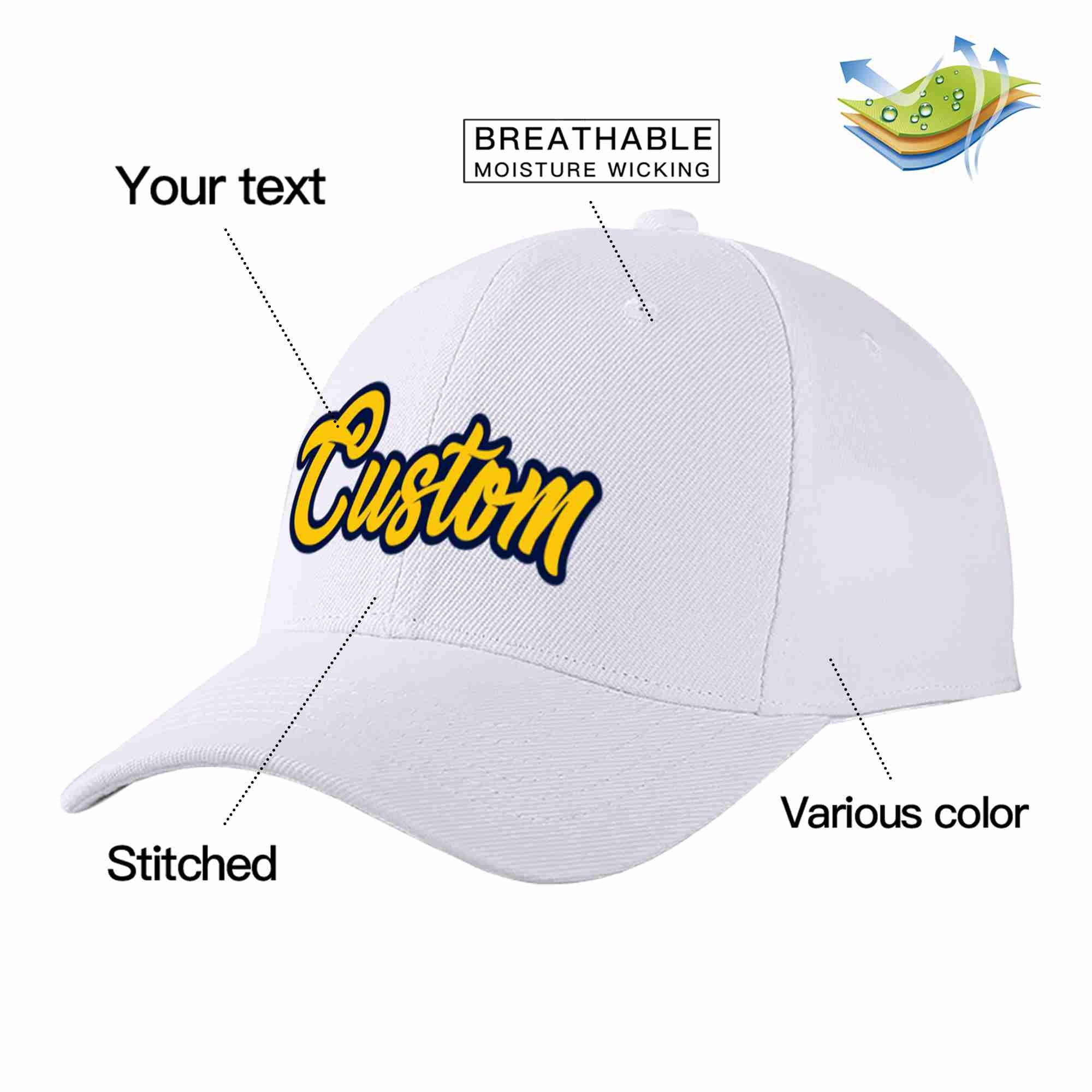 Conception personnalisée de casquette de baseball de sport incurvée blanc jaune-marine pour hommes/femmes/jeunes