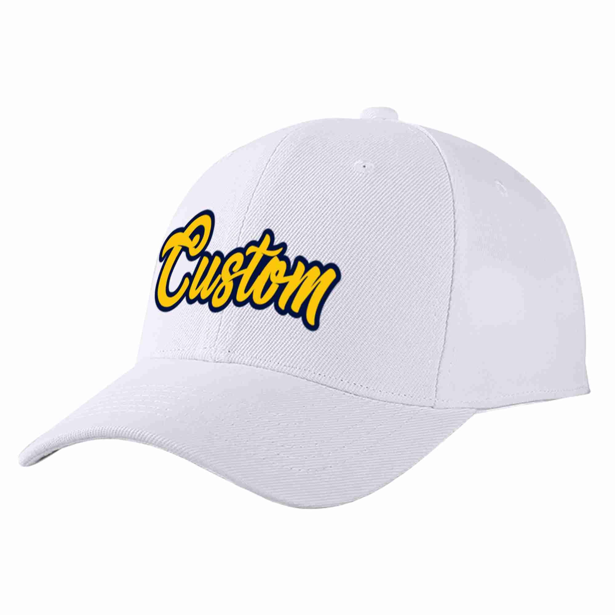 Conception personnalisée de casquette de baseball de sport incurvée blanc jaune-marine pour hommes/femmes/jeunes