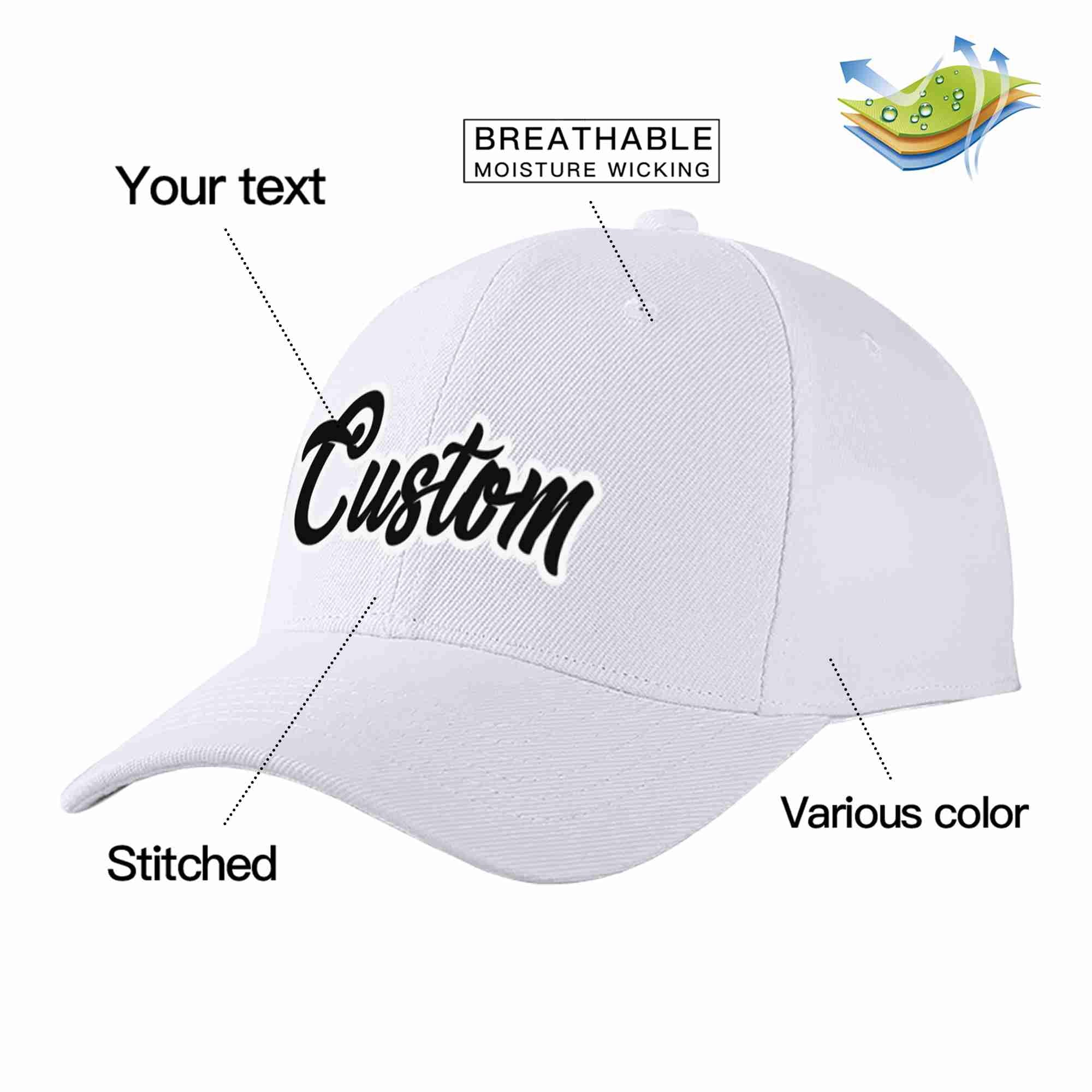 Conception personnalisée de casquette de baseball de sport incurvée blanc noir-blanc pour hommes/femmes/jeunes