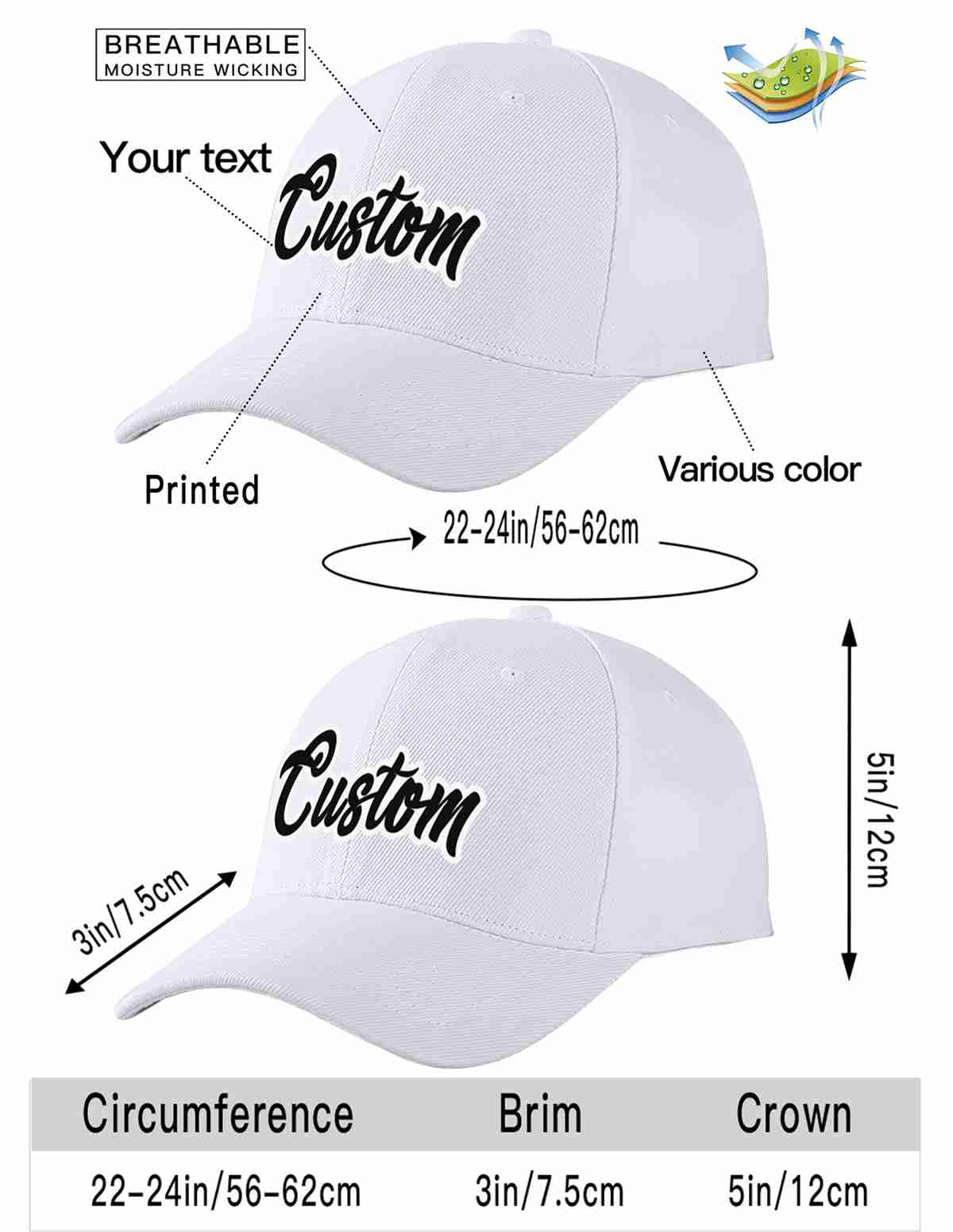 Custom White Black-White Curved Eaves Sport Baseball Cap Design for Men/Women/Youth