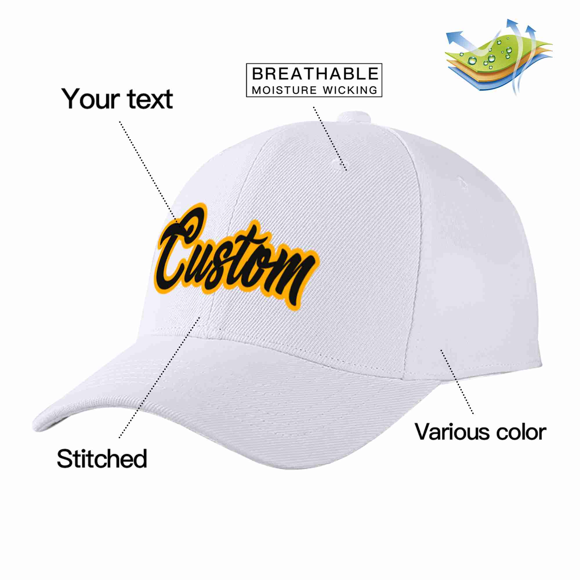 Conception personnalisée de casquette de baseball de sport incurvée blanc noir-jaune pour hommes/femmes/jeunes