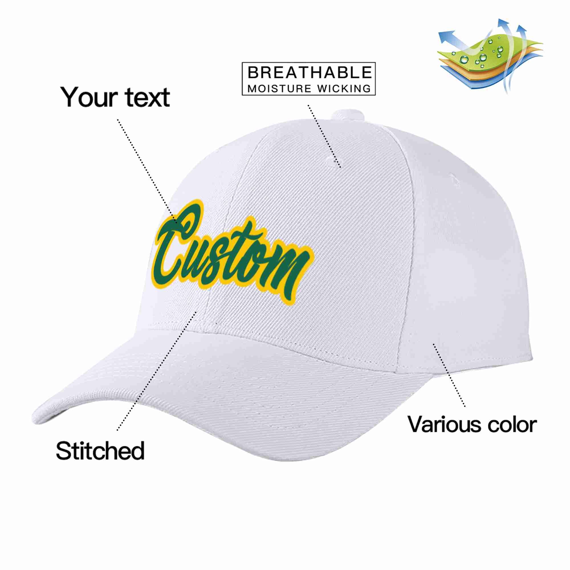 Custom White Kelly Green-Yellow Curved Eaves Sport Baseball Cap Design for Men/Women/Youth