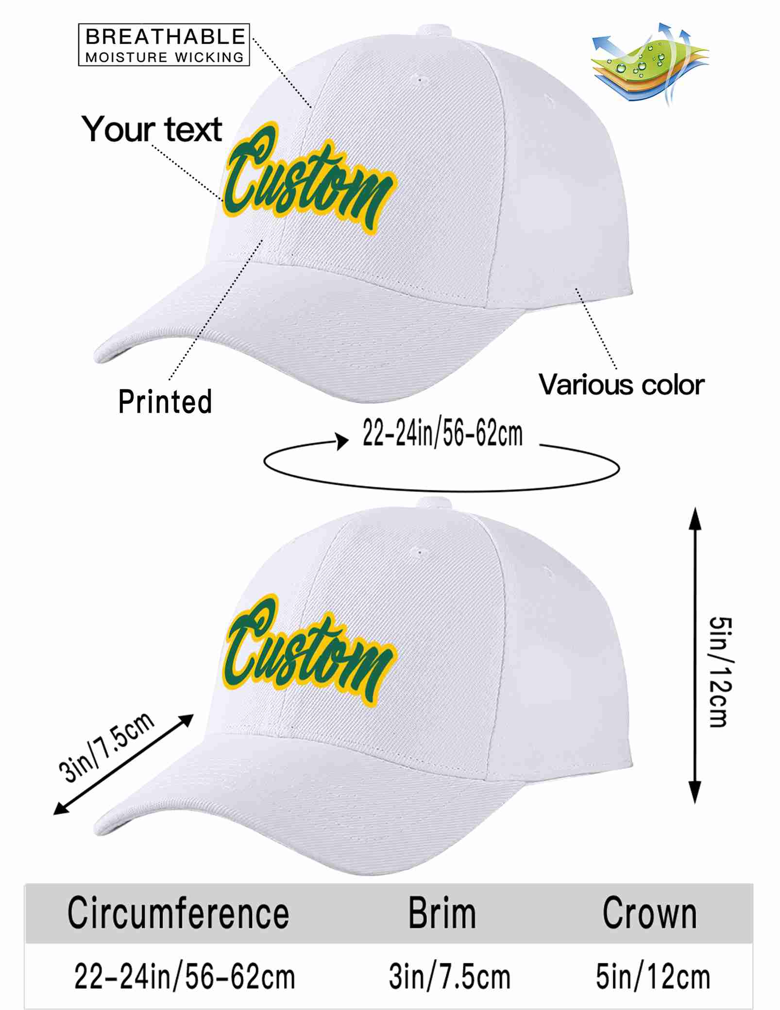 Custom White Kelly Green-Yellow Curved Eaves Sport Baseball Cap Design for Men/Women/Youth