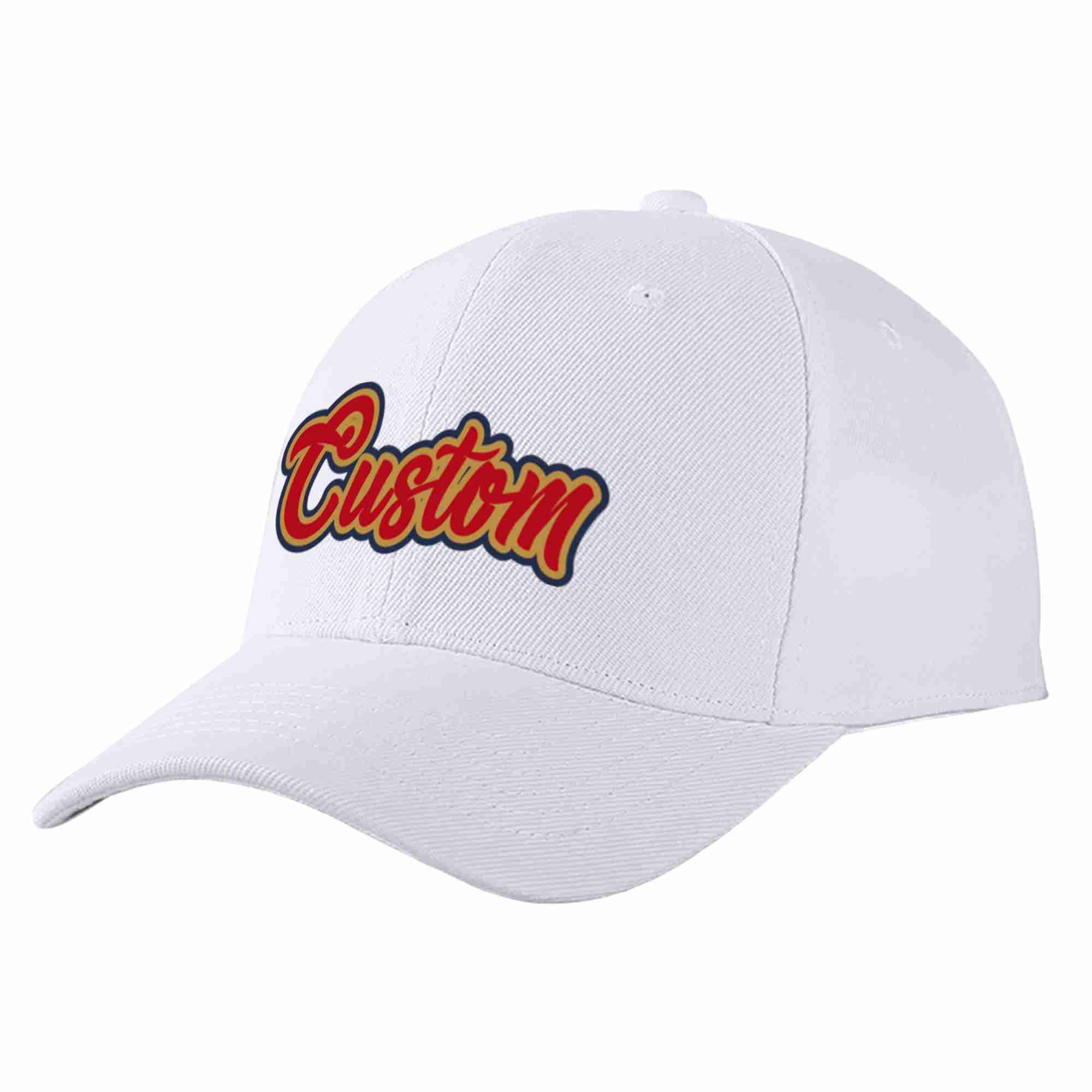 Conception personnalisée de casquette de baseball de sport à avant-toit incurvé blanc rouge-vieil or pour hommes/femmes/jeunes