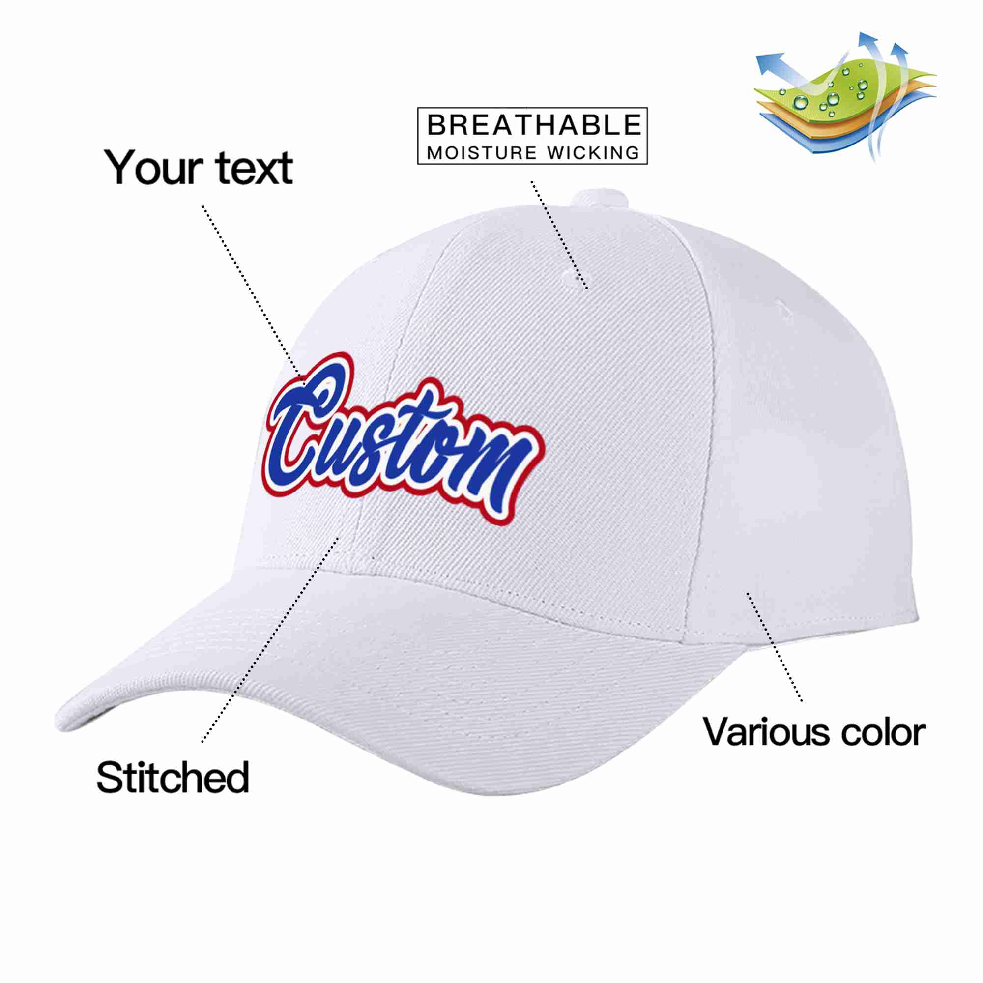 Conception personnalisée de casquette de baseball de sport incurvée blanc royal-blanc pour hommes/femmes/jeunes