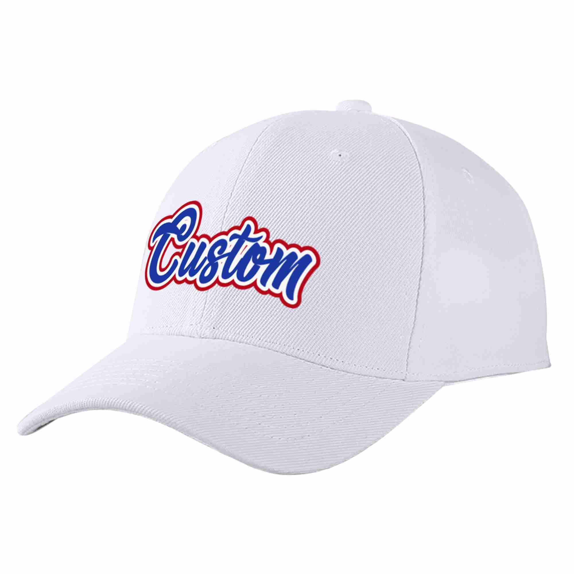 Conception personnalisée de casquette de baseball de sport incurvée blanc royal-blanc pour hommes/femmes/jeunes