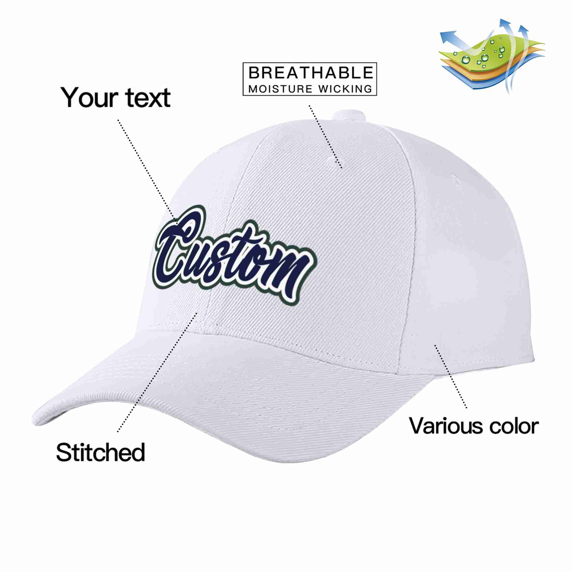 Conception personnalisée de casquette de baseball de sport incurvée blanc marine-blanc pour hommes/femmes/jeunes